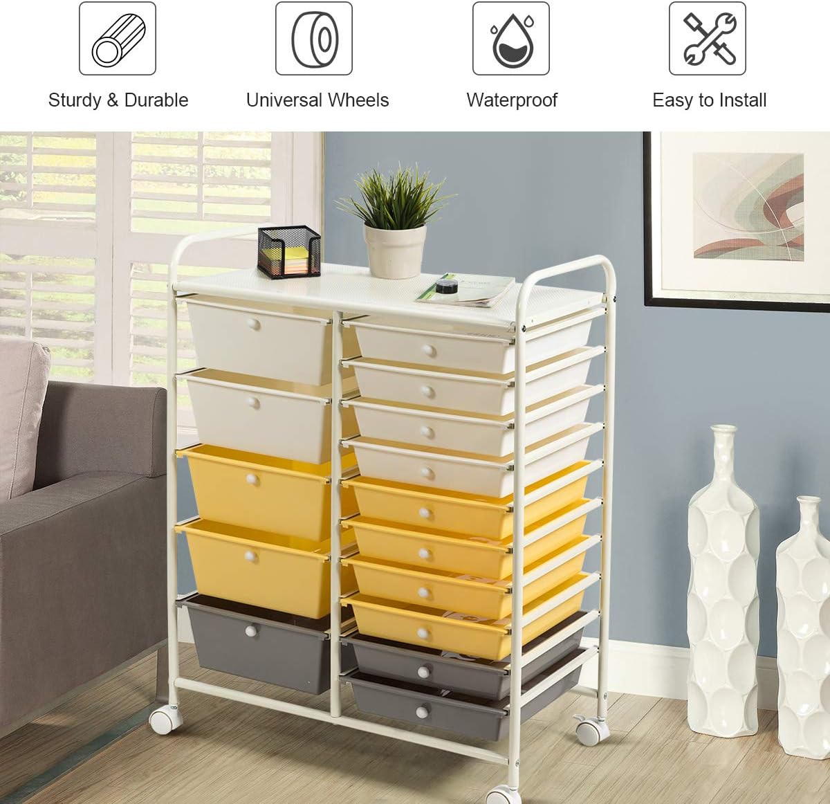 GOFLAME 15-Drawer Rolling Storage Cart, Multipurpose Movable Organizer, Utility Cart for Home, Office, School, Yellow