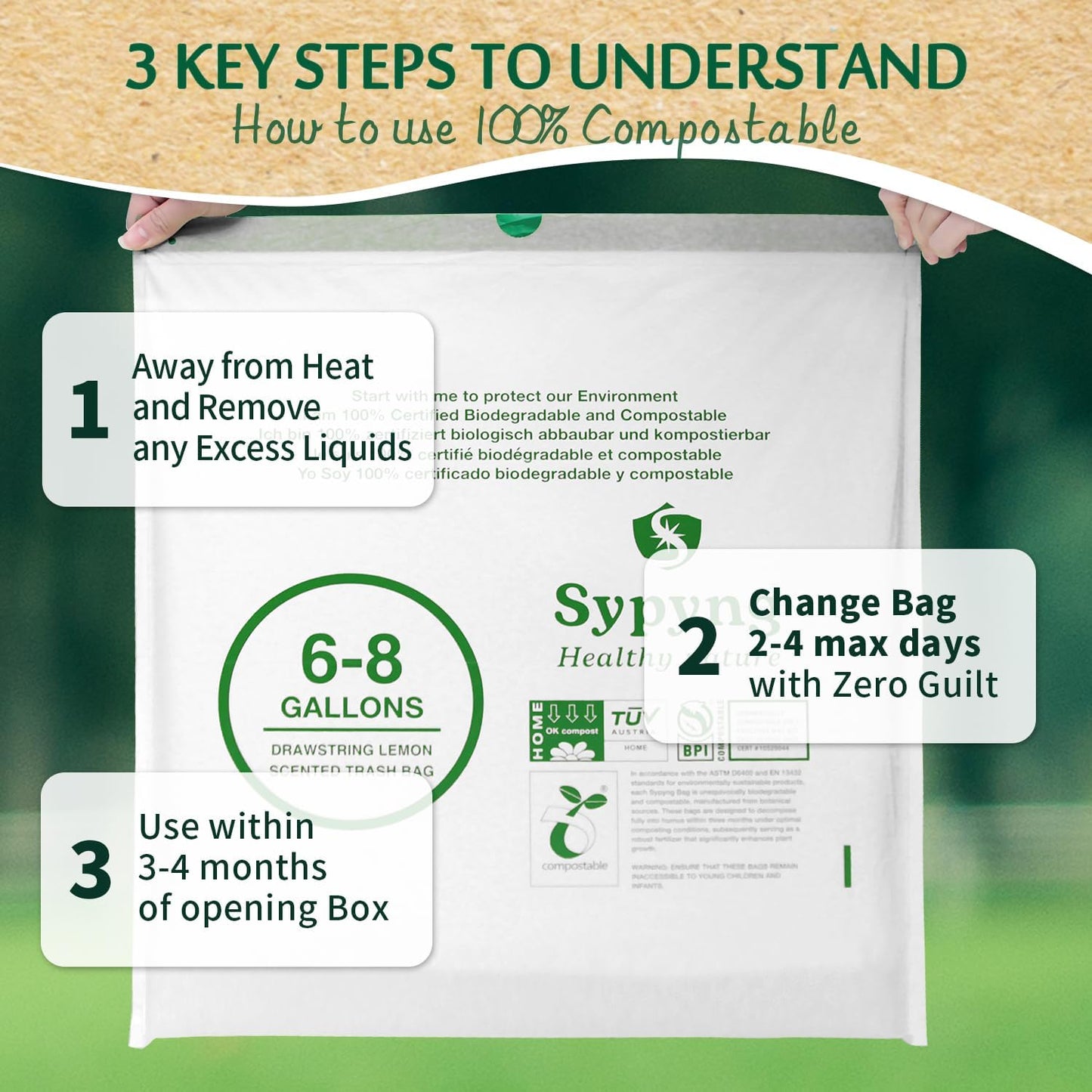 Compostable Trash Bags 6-8 Gallon (50-Pack) – Heavy Duty, 1.1 Mil Thick, 100% Biodegradable Kitchen Waste Bags for Medium Bins | ASTM D6400, BPI & OK Compost HOME Certified, Eco-Friendly & Recyclable