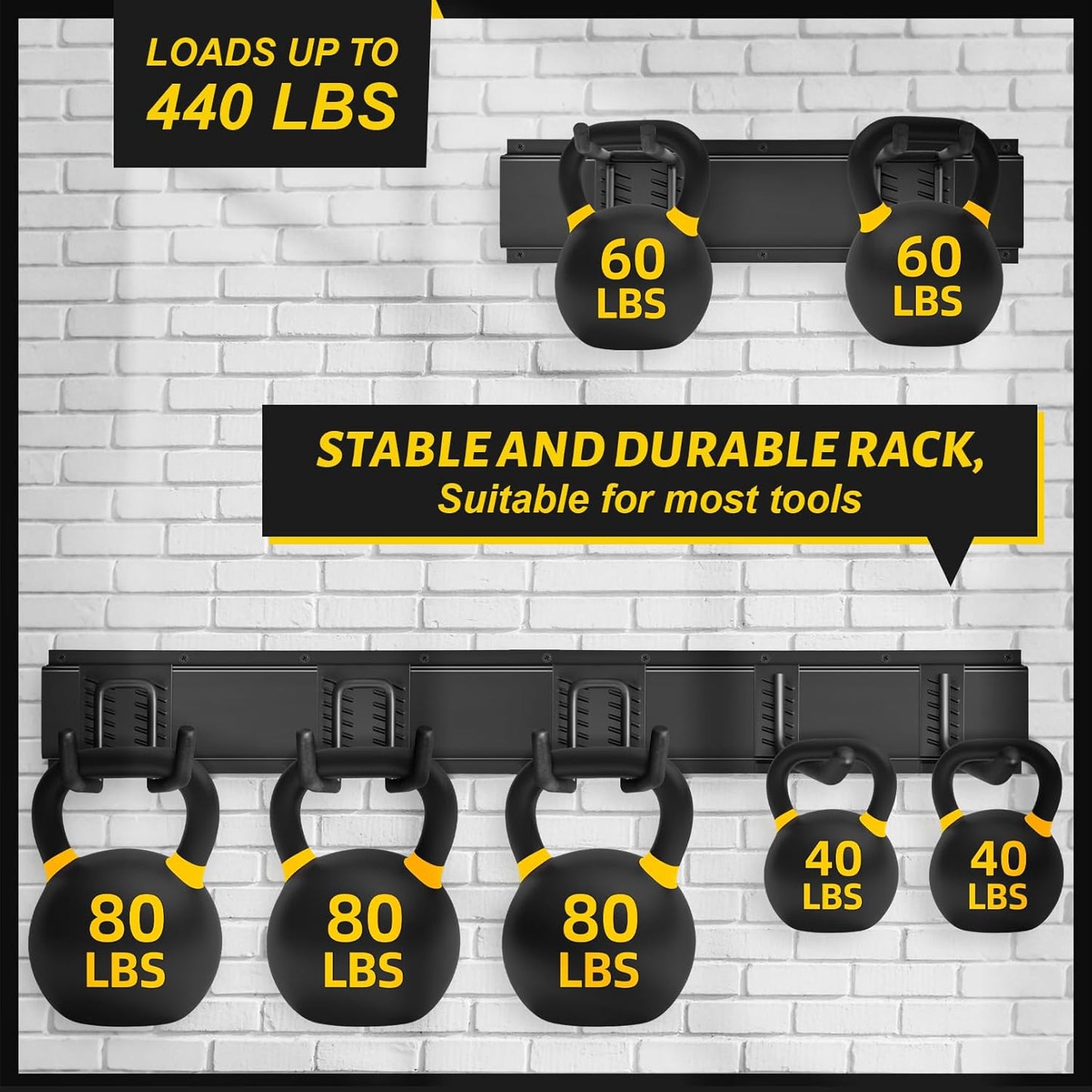 Garage Tool Organizer Wall Mount, 48 Inches Garden Tool Organizer with Adjustable Hooks, Metal Garage Storage Rack Max Loading 440lbs, Tool Holder for Hanging Rake Broom Mop Snowboard