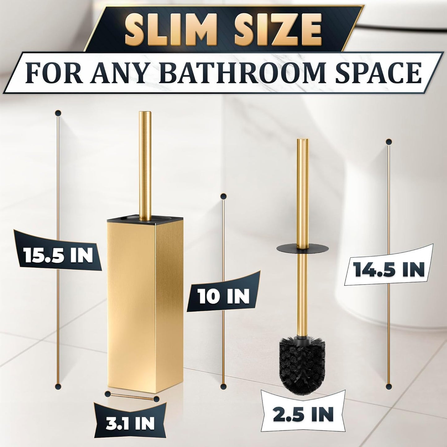 Stainless Steel Toilet Brush and Holder Set Gold & Square Design - Corrosion and Scratch-Resistant Gold Toilet Brush and Holder Set with Splash Protection - for Deep & Effective Bathroom Cleaning
