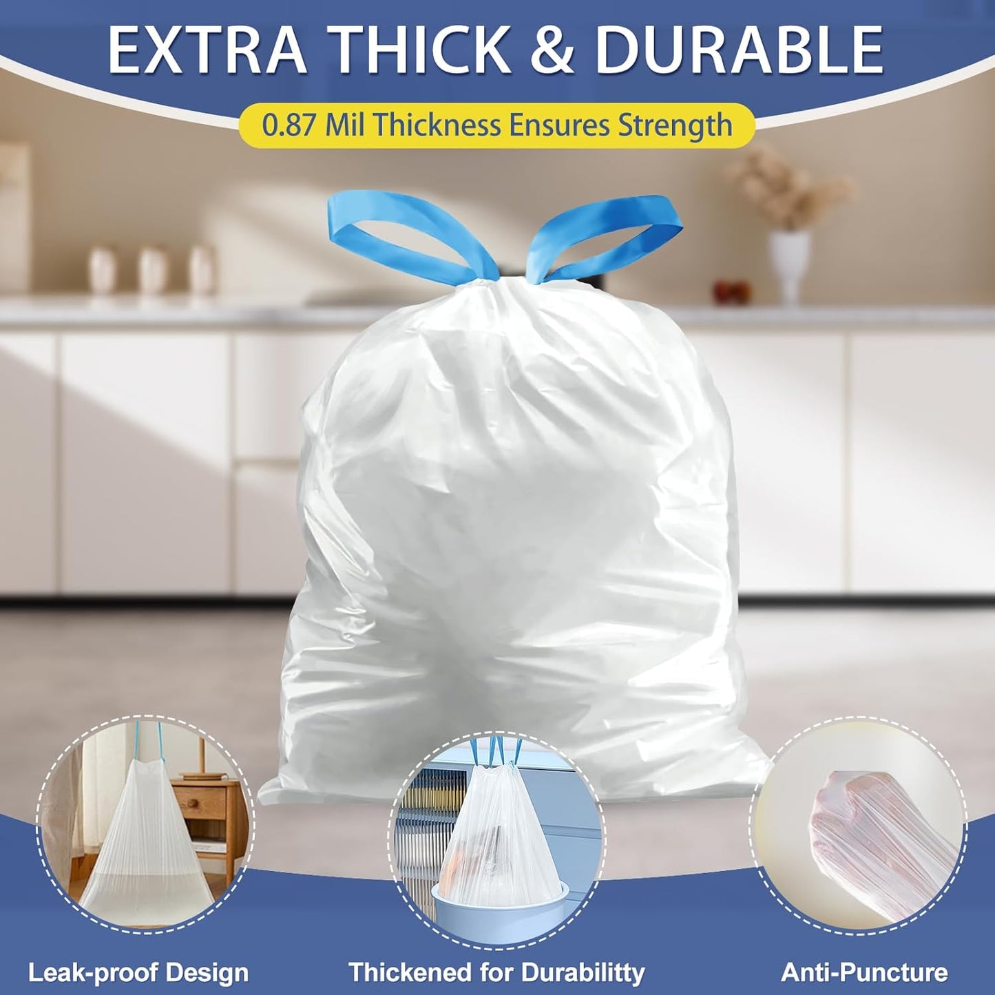 150 Count 6 Gallon Trash Bags Drawstring - 1.1 Mil Heavy Duty Medium Garbage Bags,22.5 Liter Strong Plastic Can Liners Unscented,Thick Waste Basket Bags for Bathroom Office Kitchen