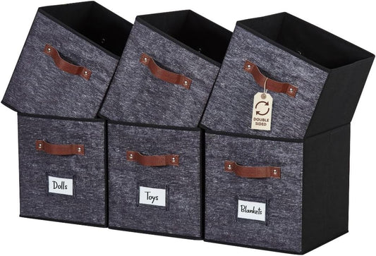DECOMOMO Storage Bins, Cube Storage Bin with Labels, Fabric Storage Cubes for Shelves (10.5" x 11" / 6pcs, Black Pattern)