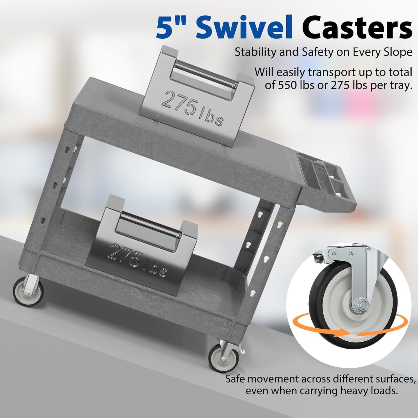 Heavy Duty Flat Top Utility Cart with Wheels 2-Tier Utility Plastic Service Work Cart for Shop, Garage, Warehouse, Maintenance 550 lbs