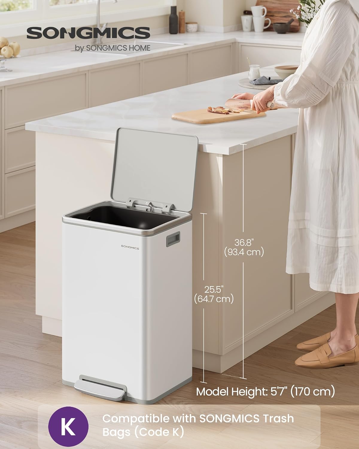 SONGMICS Trash Can, 13-Gallon Gabbage Can, with 15 Trash Bags, Steel, with Soft-Close Lid, Removable Inner Bucket, Handles, Cloud White ULTB595W01V1