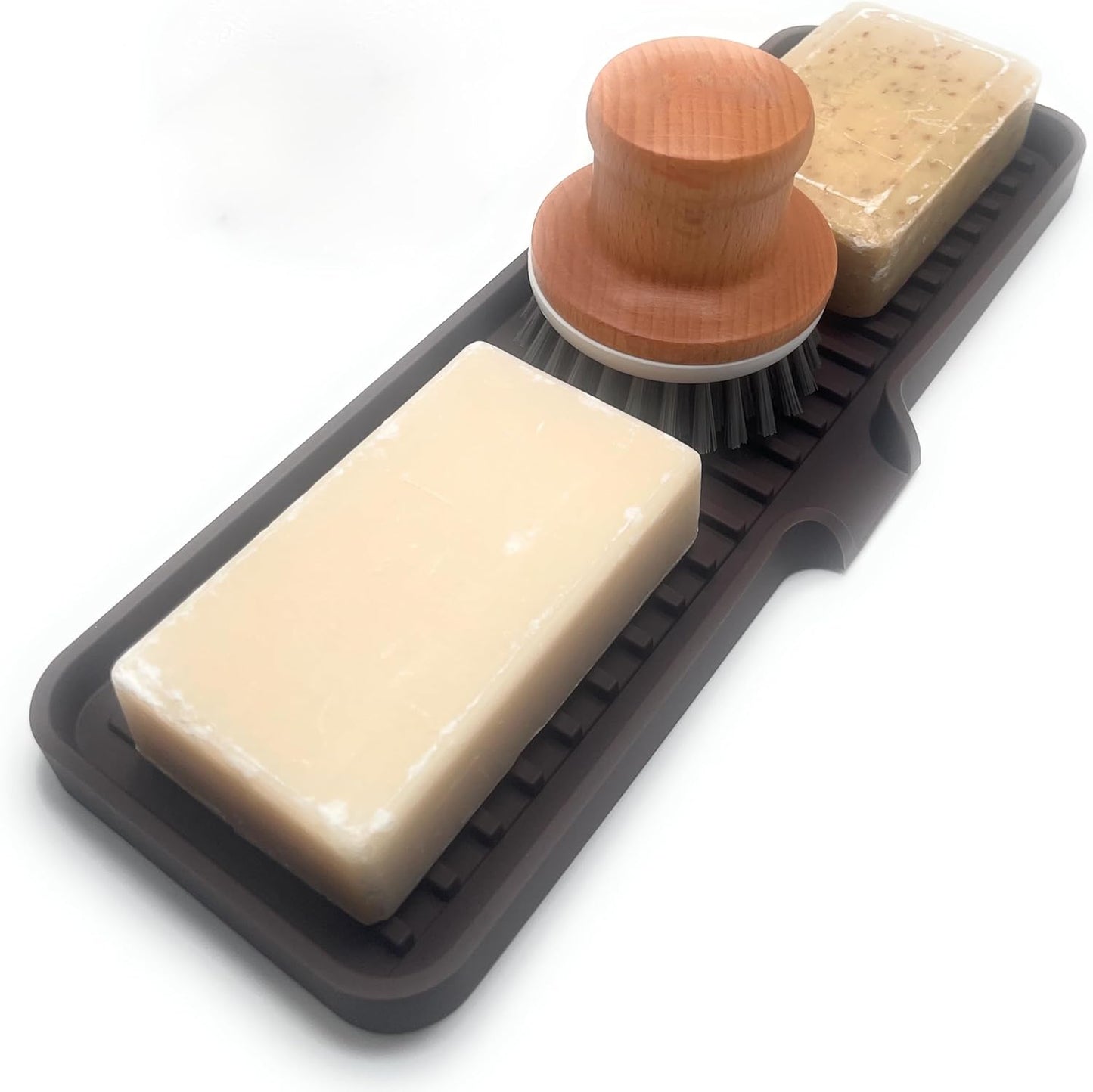 Happitasa Silicone Soap Dish Tray and Sponge Holder with Drain Chute | Bathroom and Kitchen Sink Organizer Caddy (Dark Chocolate, 12"x4", 7.4 Ounces)