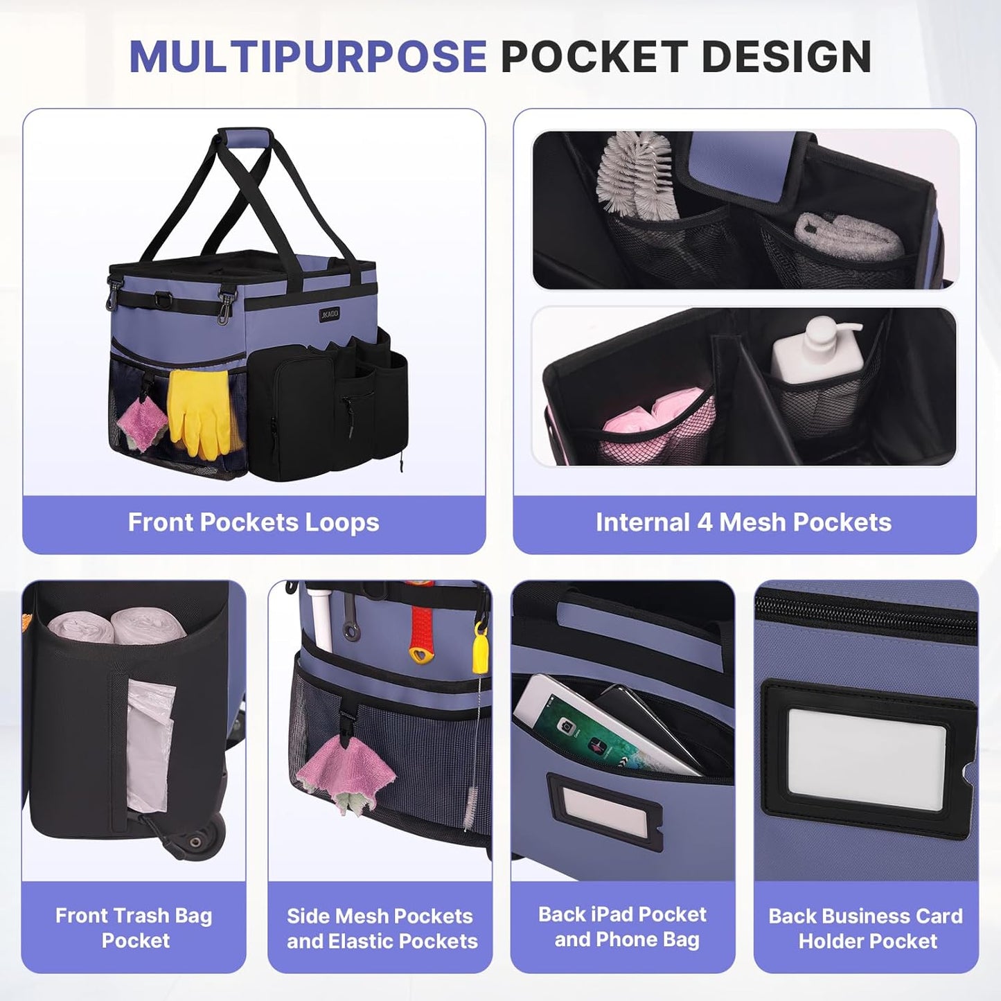 Large Rolling Cleaning Caddy Bag with Detachable Trolley, Waterproof Cleaning Caddy on Wheels for Housekeepers, Cleaning Cart Supplies Organizer for Home,Car,Office,Picnic (Denim Blue)(InPatent)