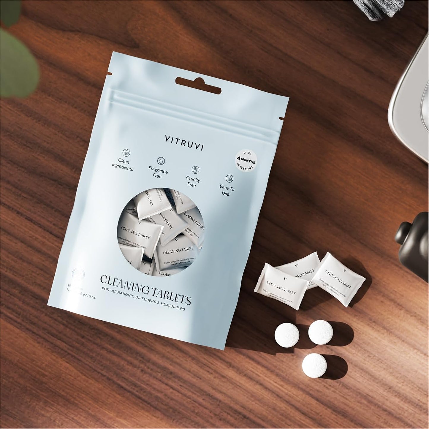 VITRUVI Cleaning Tablets for Diffusers & Humidifiers | Removes Stains & Residue, Prevents Buildup, Enhances Performance | Easy to Use | Made in USA - Pack of 18