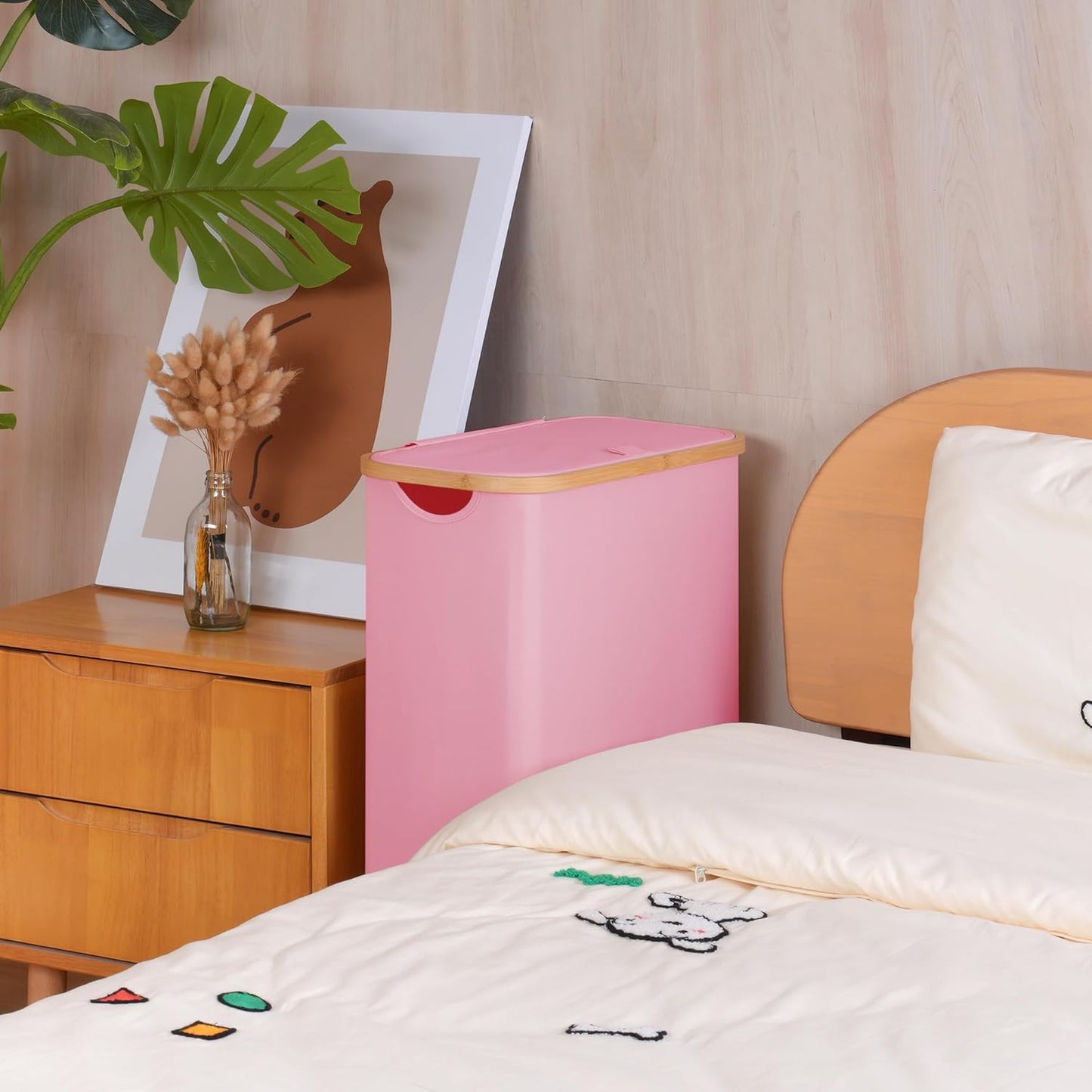 60L Slim Laundry Basket with Wheels,Narrow Hampers for Laundry,Freestanding Laundry Hamper with Lid&Bamboo Handles,Collapsible & Waterproof Tall Cloth Hamper for Dorm Family(Pink)