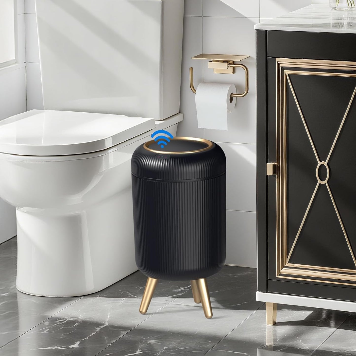 Bathroom Trash Can Automatic Touchless，3 Gallon Smart Motion Sensor Trash Bin with Lid，Plastic Black Garbage Can Wastebaskets with Removable Legs for Kitchen, Office, Toilet, Bedroom