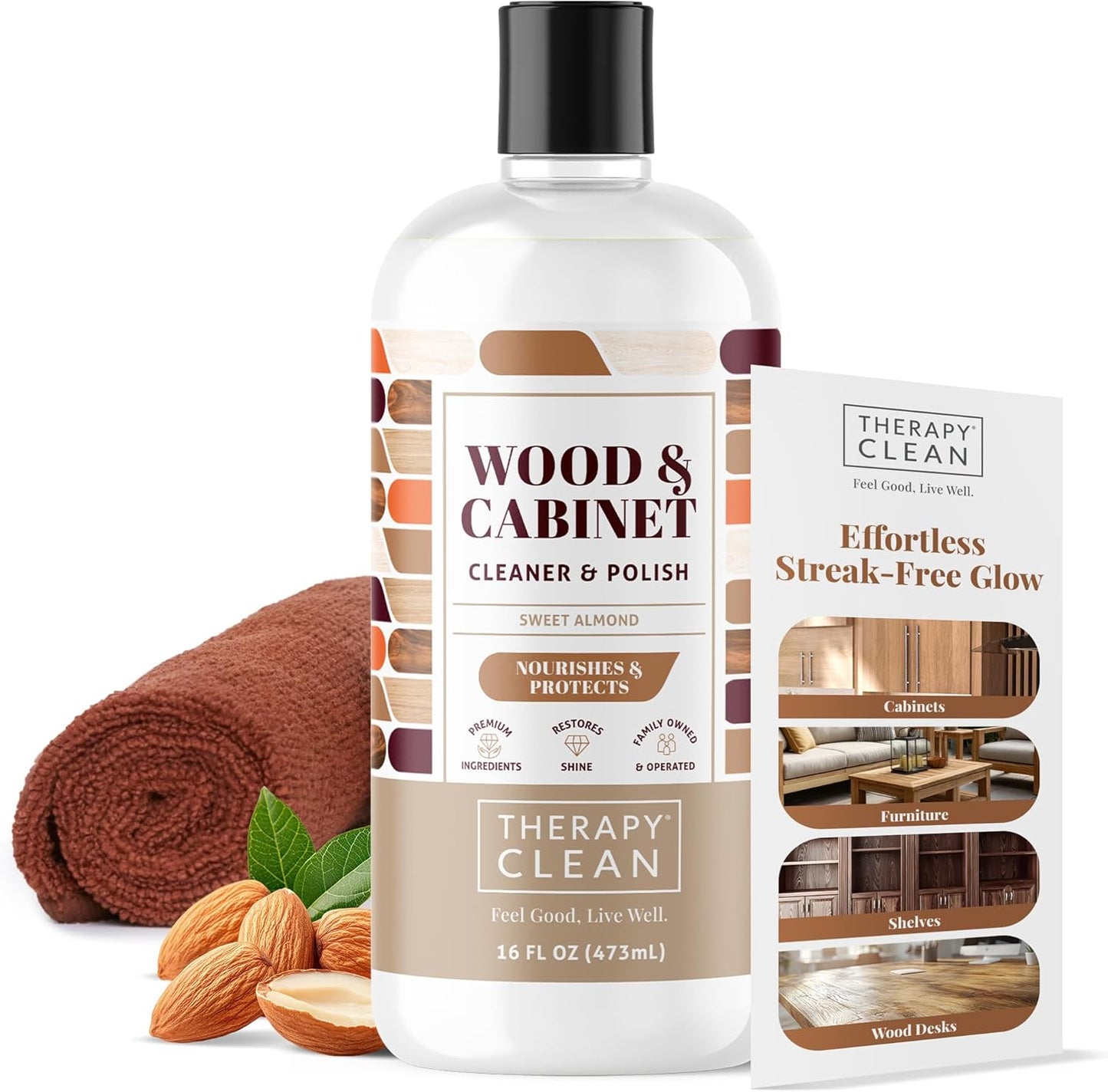 Therapy Wood Polish Bundle with Microfiber 16 oz. - Wood Furniture Polish, Best Furniture Cleaner - Almond Scent - Cleaner, Cabinet and Table Restorer, Natural Conditioner