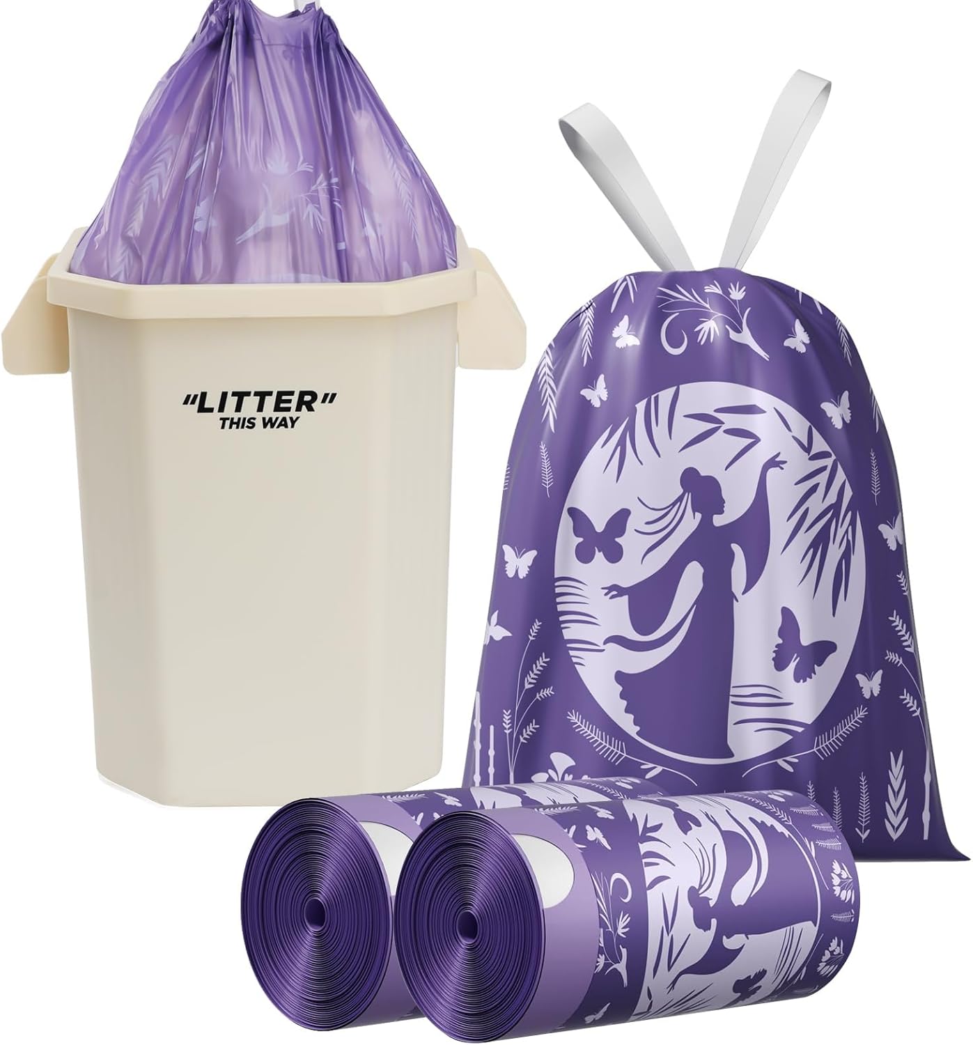 VOK 8 Gallon Trash Bags Drawstring, Medium Trash Bags for Office, Kitchen, Bedroom Trash Cans, Colored Portable Sturdy Garbage Bags 8 Gallon with Lavender Scent, 60 Counts