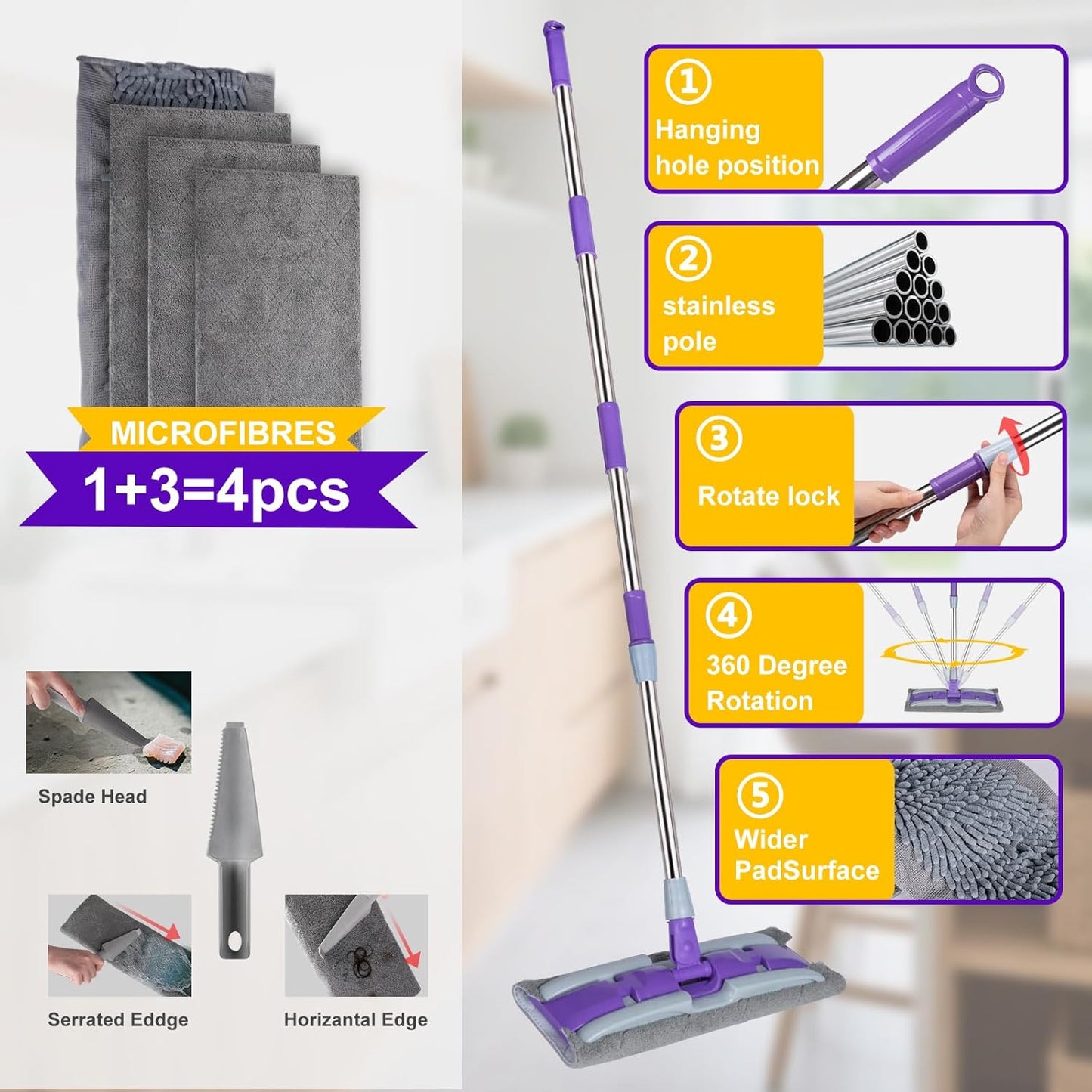 ITTAHO Microfiber Flat Mop Floor Cleaning System,Wet & Dry Dust Mopping with Stainless Steel Telescopic Handle,4 Reusable Mop Pads , Mops for Home,Laminate,Tile,Hardwoods Cleaning (Purple)