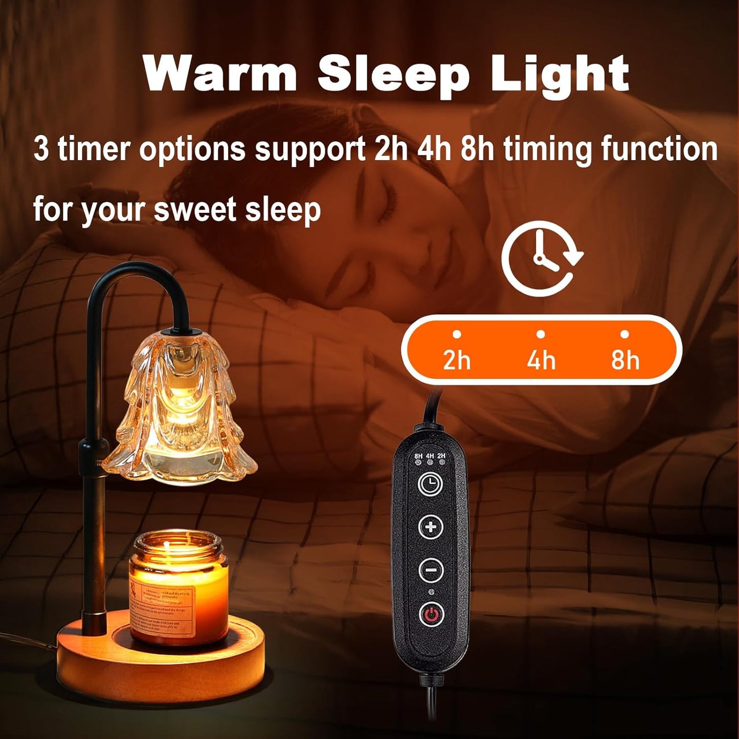 Candle Warmer Lamp with Timer and Dimmer - Adjustable Height Wax Melt Warmer, 4 Brightness Levels, 2/4/8H Timer, Wood Base & Glass Shade, Includes 2 GU10 Halogen Bulbs for Home Decor