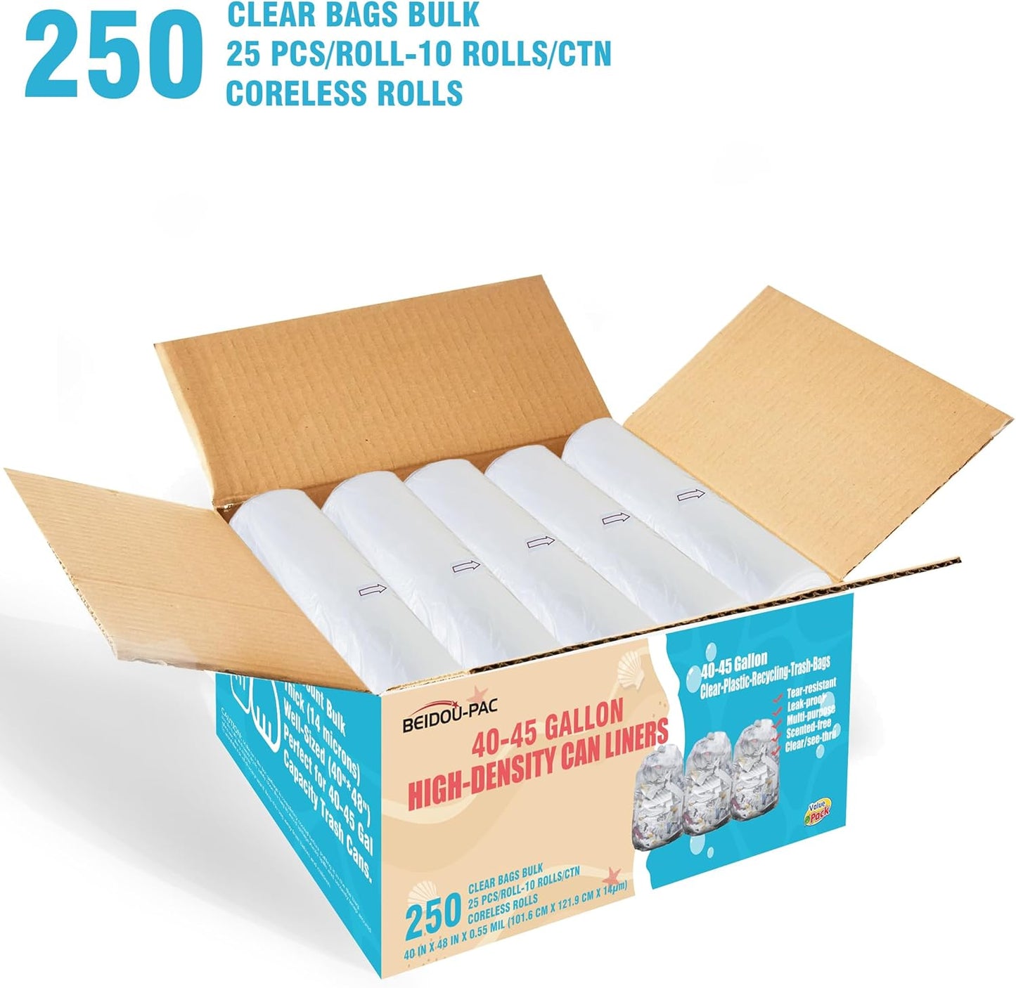 40-45 Gallon Trash Bags, 250 Count Bulk, Heavy Duty Clear Plastic Recycling Garbage Bags, Multi-purpose Can Liners for Business Home Commercial, Industrial Contractors, Storage, Outdoor