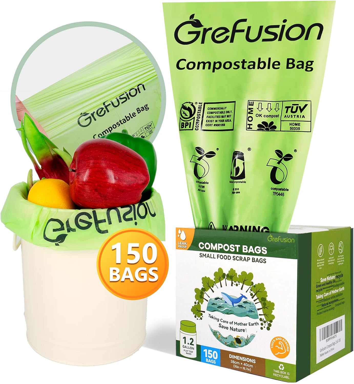 GreFusion Compostable Trash Bags for Kitchen Compost Bin 1.2 Gallon,150 Count,Compost Bags Small for Food Scrap Waste Bags for Countertop Bin Certified by BPI,ASTM D6400 and OK Compost