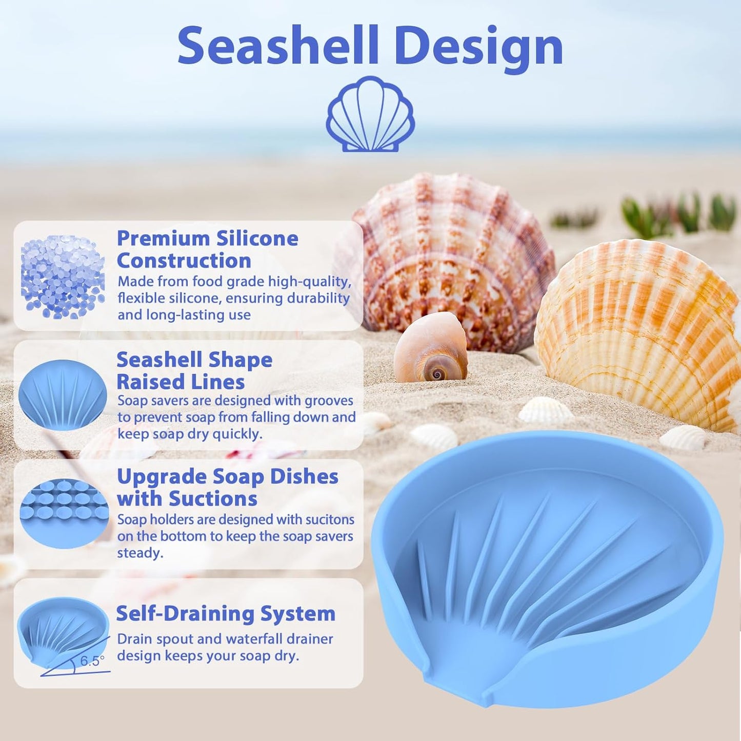 Self Draining Soap Dish, Silicone Suction Cup Soap Holder Tray Savers Container Sponge Holder for Bar Bathroom Shower Kitchen Sink, Can Extend Soap Life (1, Sky)