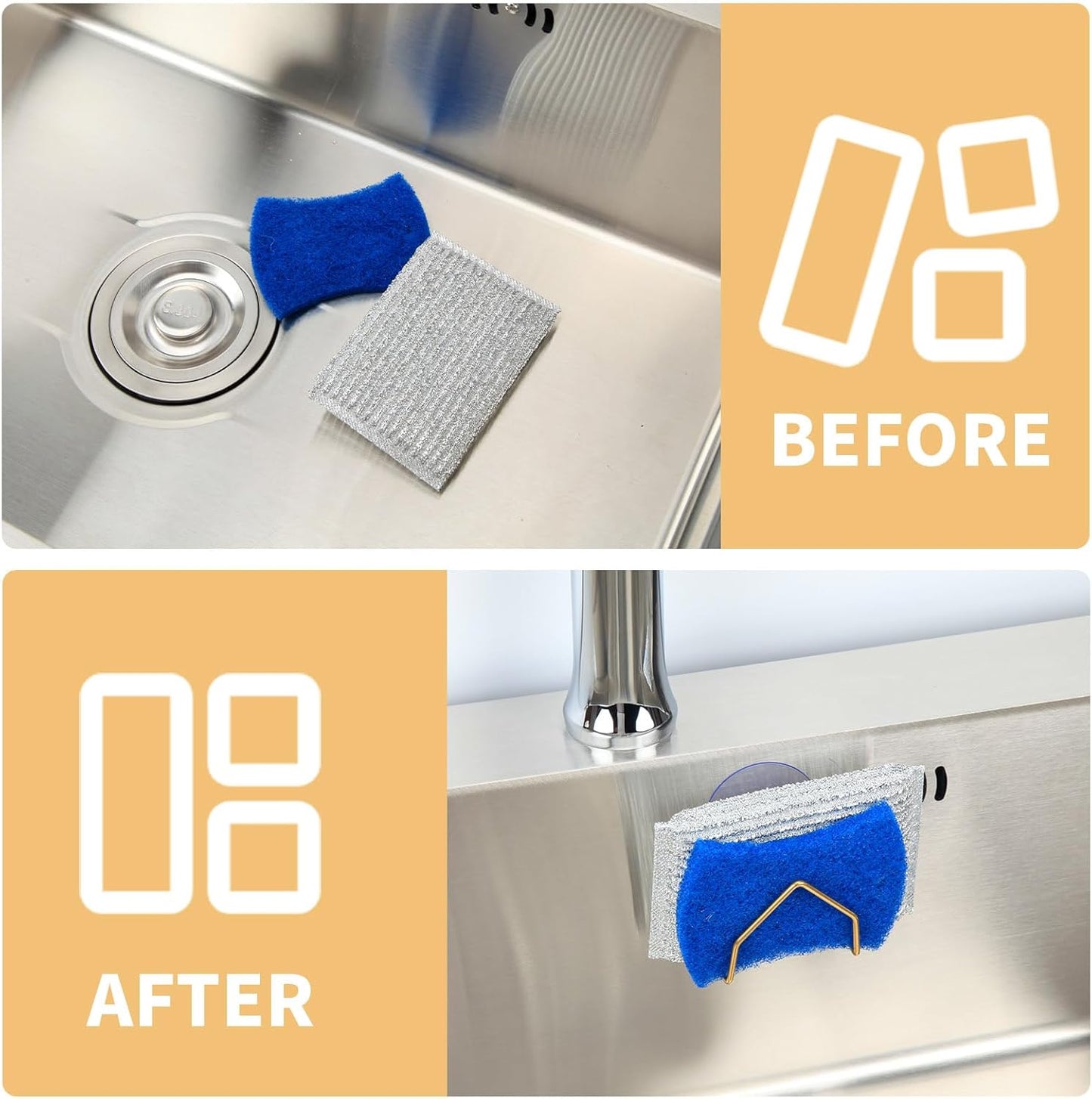 Snailhouse Sponge Holder for Kitchen Sink, 2 Pack Suction Cup Stainless Steel Rustproof Dish Sponge Rack Organizer Holder Basket Accessories, Gold