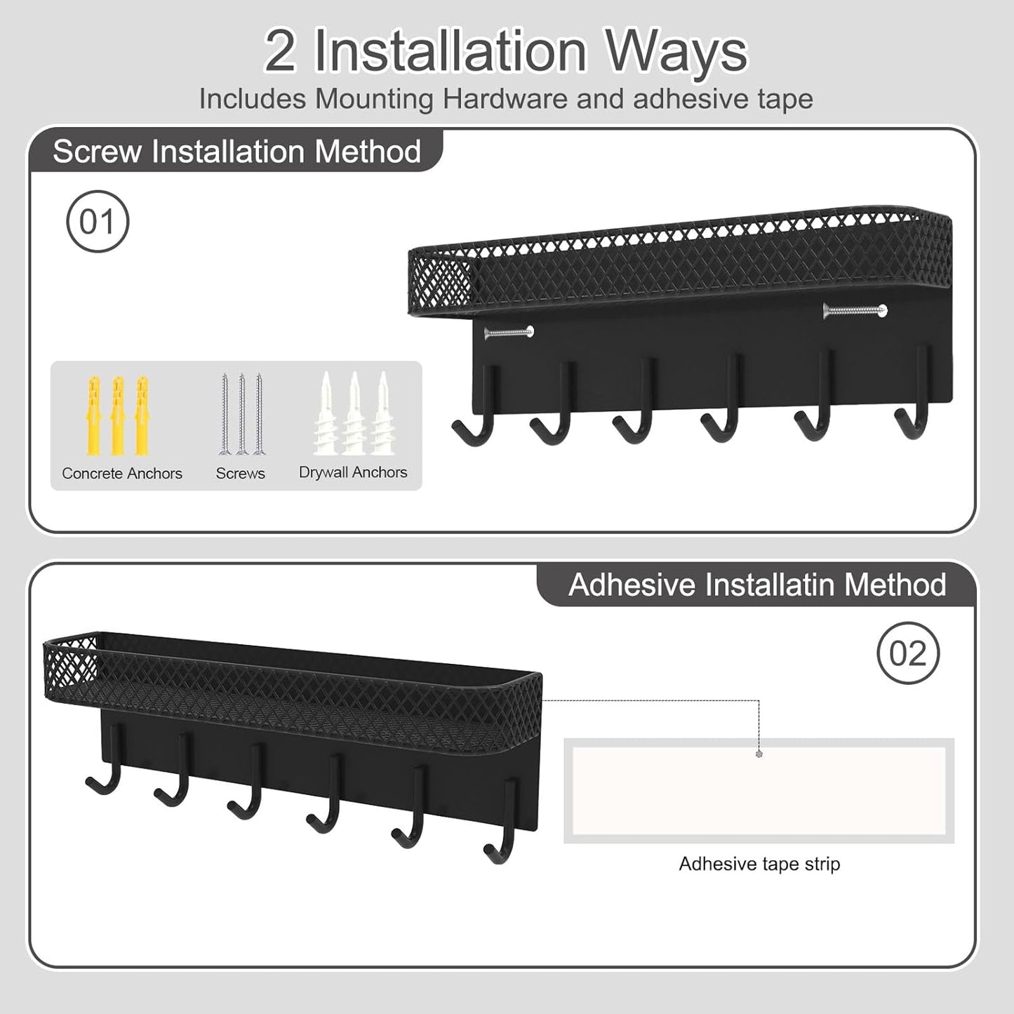 Key Holder for Wall – Decorative Stainless Steel Key Hanger with 6 Hooks for Hats, Bags, Leashes – Mail Holder Key Rack with Mounting Hardware and Guide (9.65” x 2.8” x 2.2”) (Black)