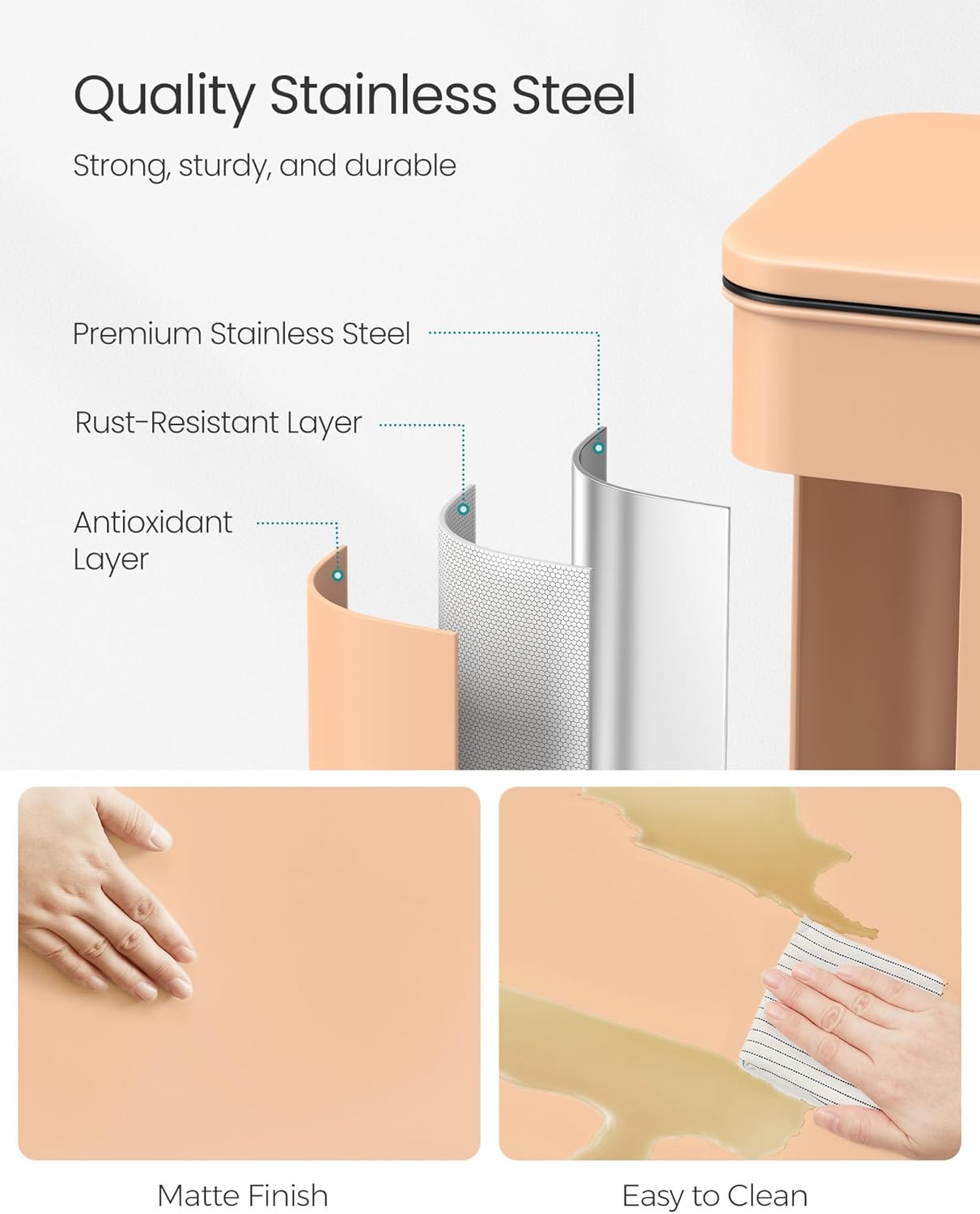 SONGMICS Kitchen Trash Can, 10.5 Gallon (40 L) Garbage Can, Large Step Trash Bin with Lid, Stainless Steel, Soft Close, 15 Trash Bags Included, Peach Fuzz ULTB540R01