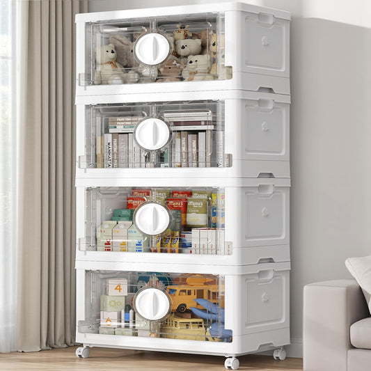 BROVIEW 480Qt Lockable Stackable Storage Bins with Lids, Closet Organizers and Storage Drawer, Collapsible Storage Bin with Wheels, Plastic Cabinet for Toy Clothes Dorm Organizer, V9 4 Pack White