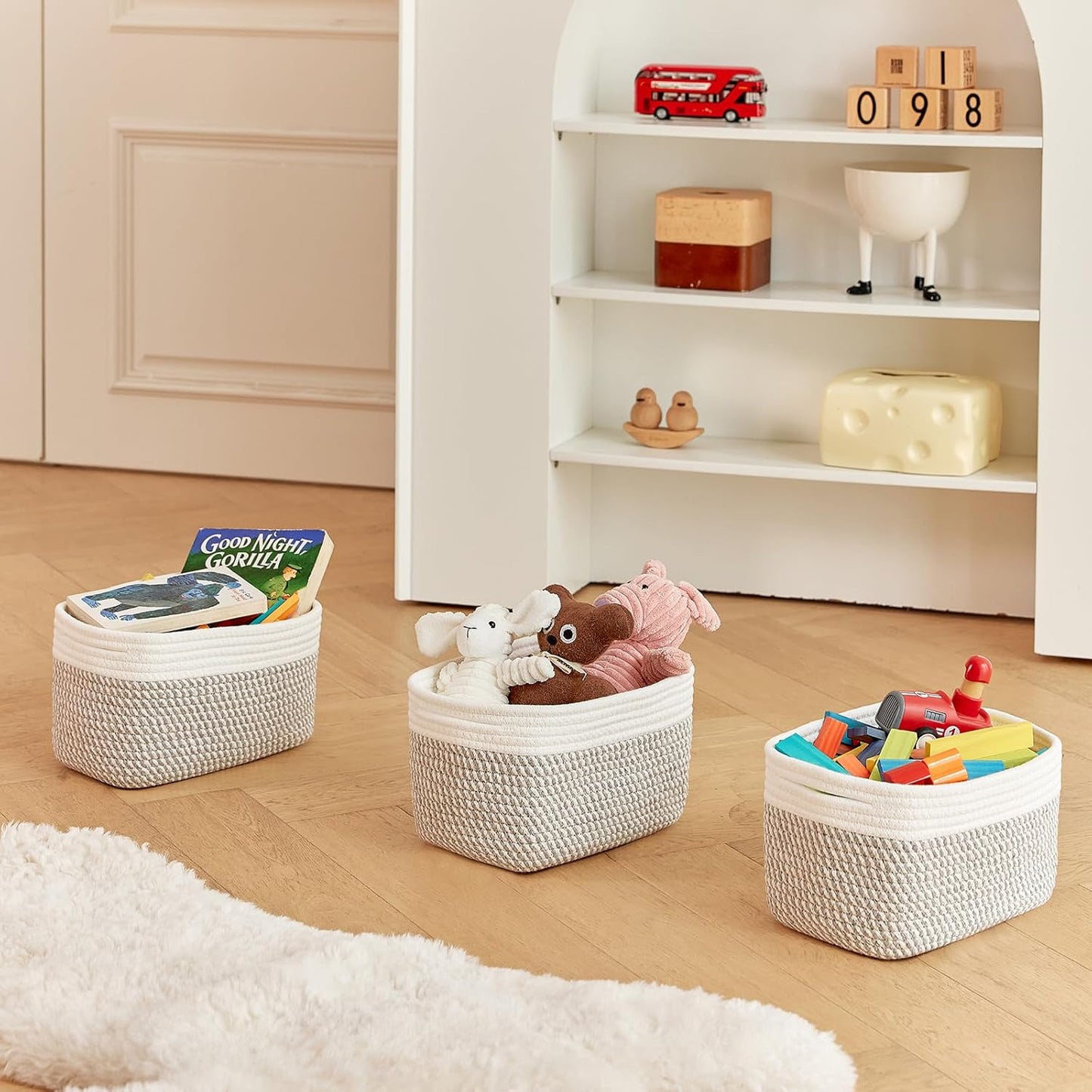 Small Cotton Rope Basket – Storage Bin for Organizing (10.6" x 6.7" x 6.7"), Bathroom Storage Basket for Shelf, Counter & Closet（White & Mixed Grey）