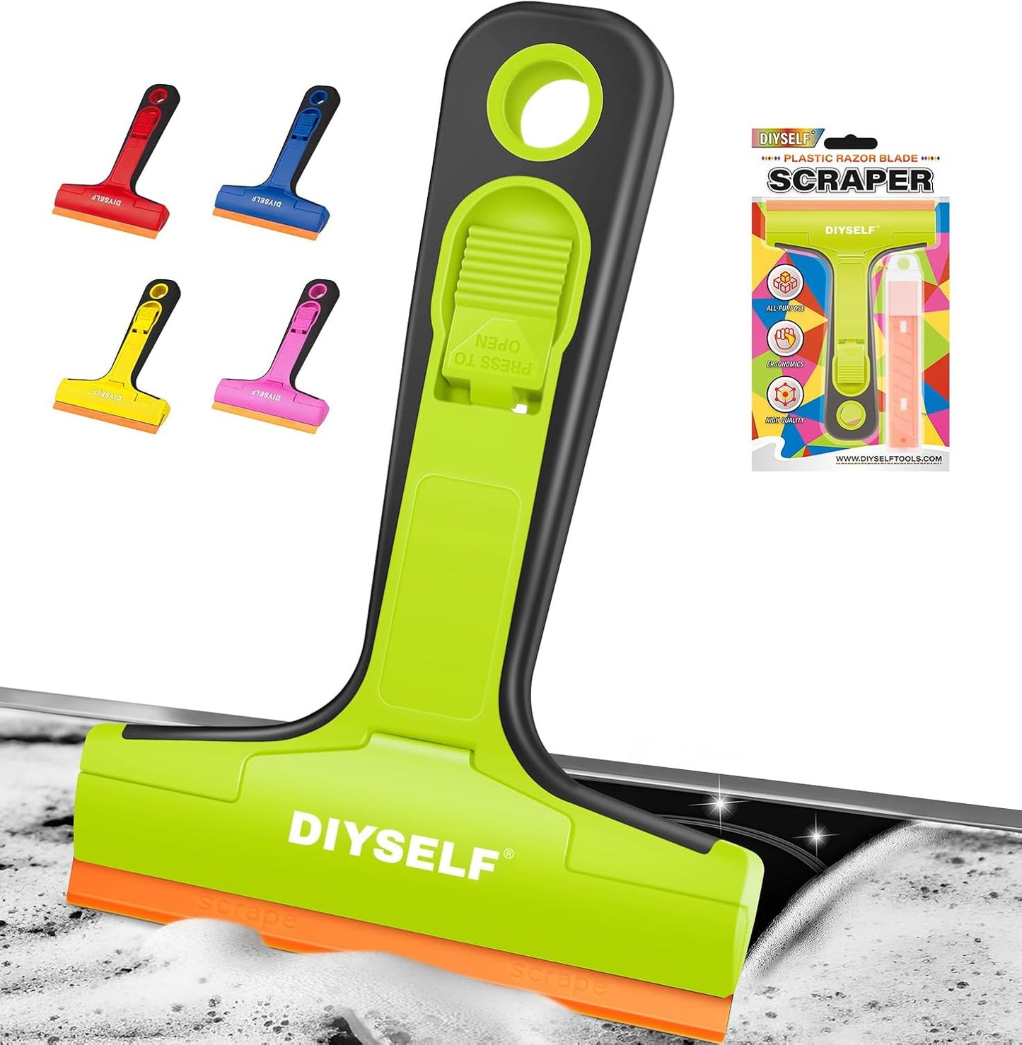 DIYSELF-Razor-Blade-Scraper, 1 Pack Razor Blade Scraper, Extra 5 PCS Orange Plastic Blades, Razor Blade Scraper Tool for Cleaning, Glass Scraper for Windows, Razor Scraper Tool for Car, Cooktop