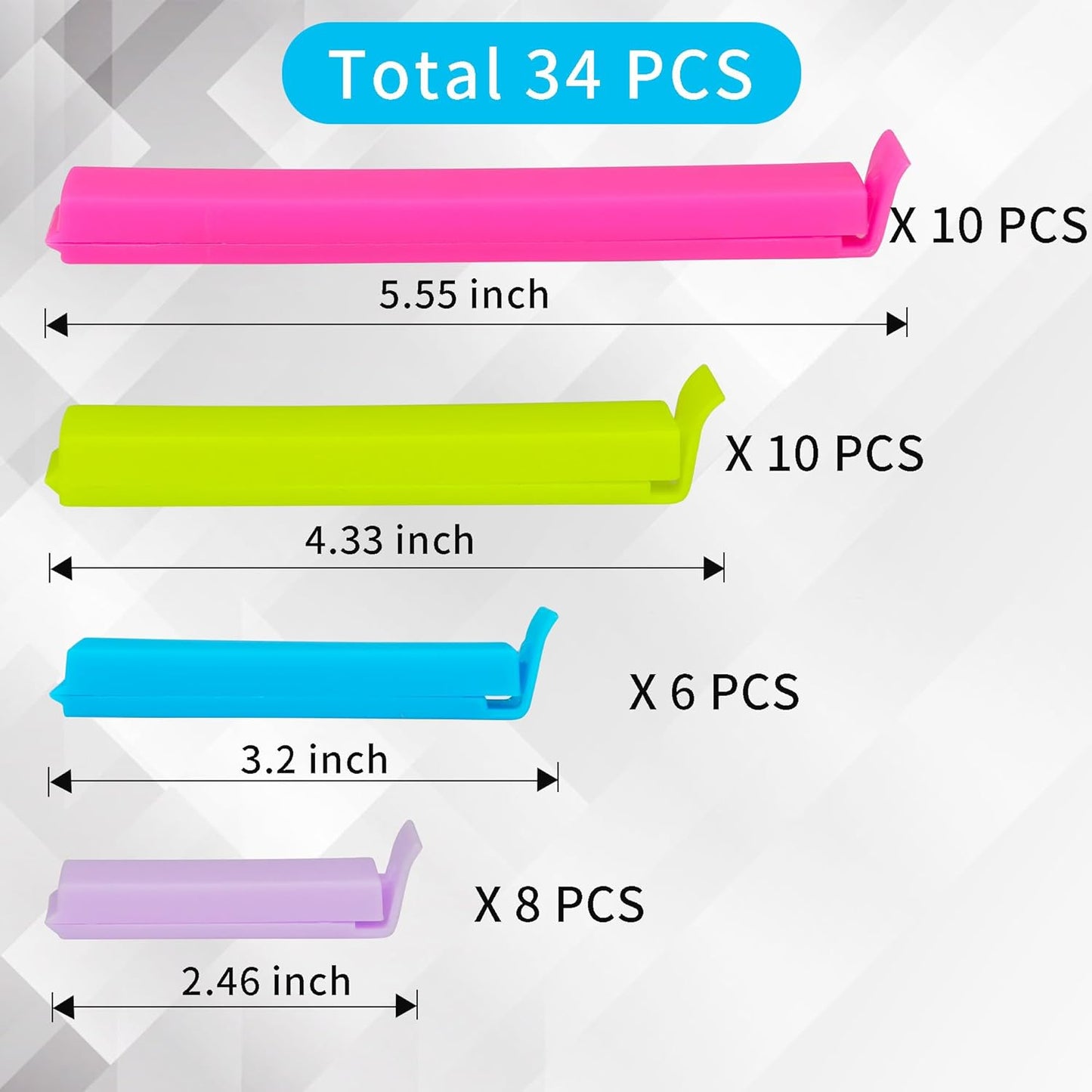 34 Pack Plastic Chip Clips - Resealable Sealing Clips for Food Storage & Snack Bags - 4 Sizes, Bright Colors - 2.4"/3.2"/4.3"/5.5"