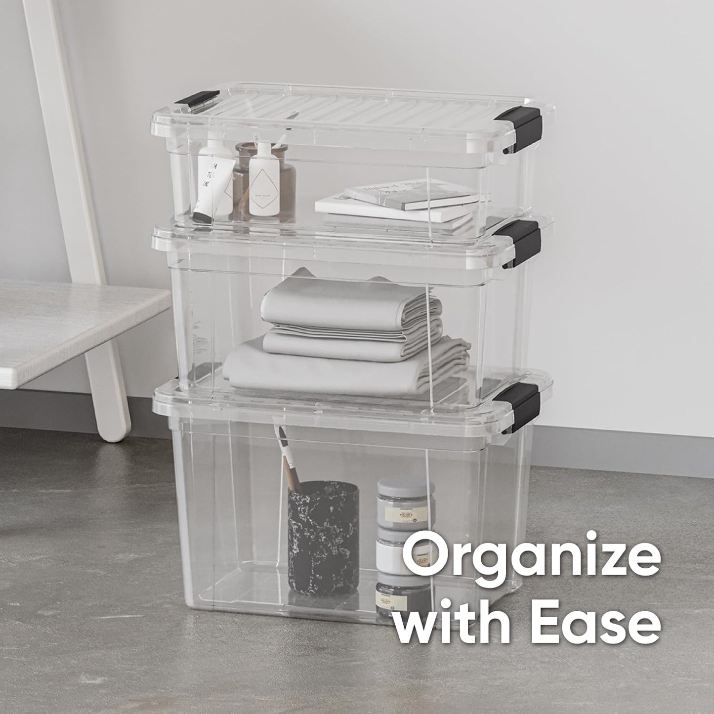Superio Clear Storage Boxes with Lids, 4.75 Quart Plastic Container Bins for Organizing, Stackable Crates, BPA Free, Non Toxic, Odor Free, Organizers for Home, Office, School, and Dorm
