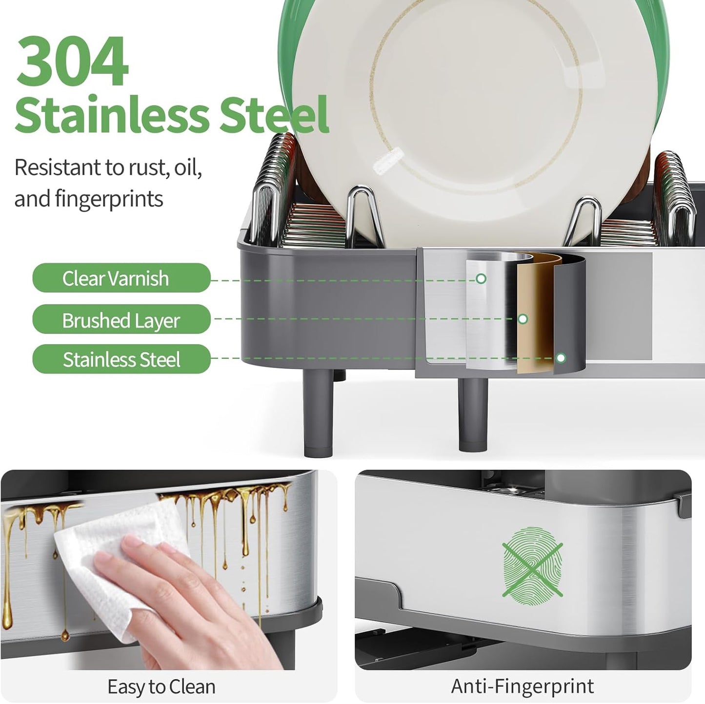 Dish Drying Rack for Kitchen Counter, 304 Stainless Steel Dish Rack, Expandable Dish Drainer, Foldable Dish Strainer, Extendable Dish Drainer Rack with Cutlery Holder, Kitchen Plate Rack