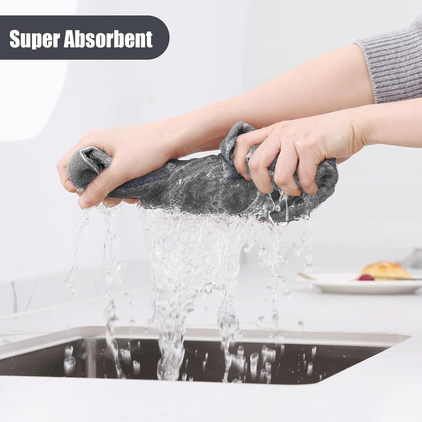 Homaxy Microfiber Kitchen Towels and Dishcloths Set, 12 Pack Soft and Absorbent Dish Hand Towels Bulk, 28 x 16 Inch & 12 x 12 Inch Quick Drying Rags for Washing Dishes, Grey