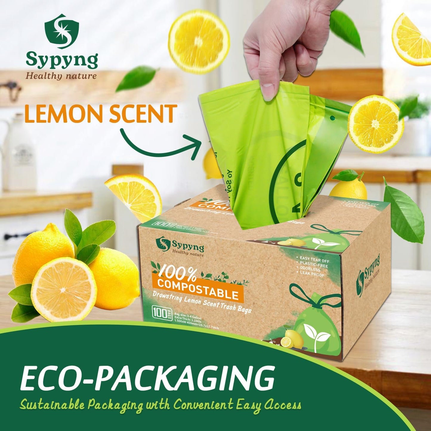 Compostable Kitchen Trash Bags 3-4 Gallon (100-Pack) - Heavy-Duty 1.1 Mil, 100% Biodegradable, ASTM D6400, BPI & OK Compost HOME Certified, Eco-Friendly, Leakproof & Odor Control