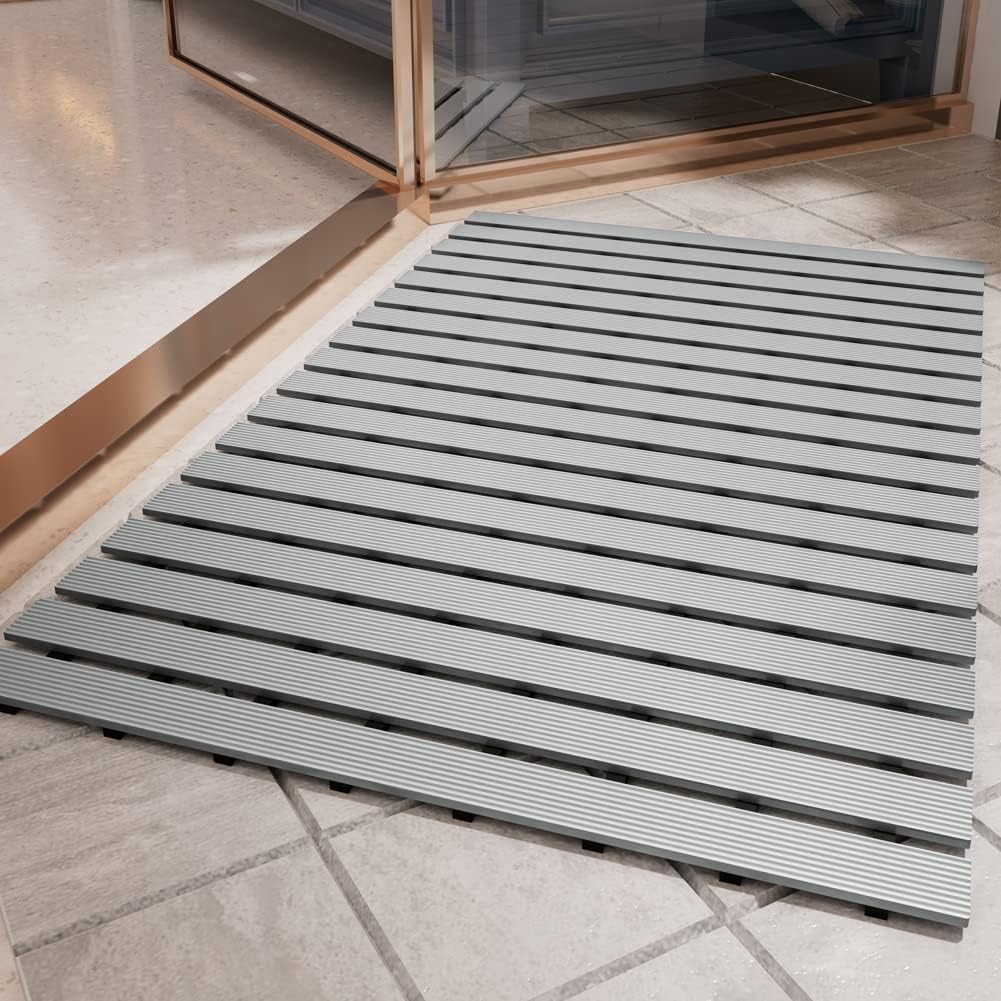 PADOOR Shower-Mat Non Slip, Heavy Duty Bathtub-Mat Curlable Quick Drain Sturdy Bath Tub Mat Without Suction Cups for Indoor Outdoor Use 17x36 Inch Grey