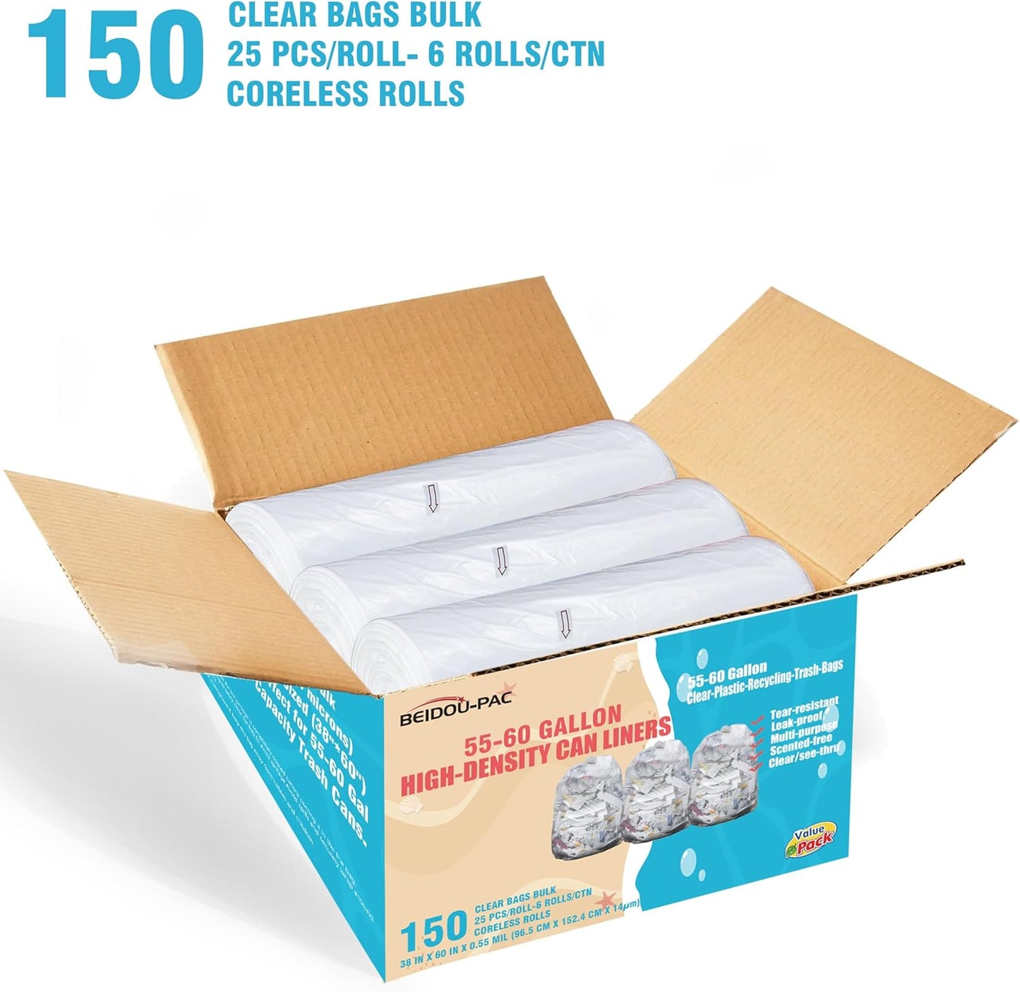 55-60 Gallon Trash Bags, 150 Count Bulk, Heavy Duty Clear Plastic Recycling Garbage Bags, Multi-purpose Can Liners for Business Home Commercial, Industrial Contractors, Storage, Outdoor