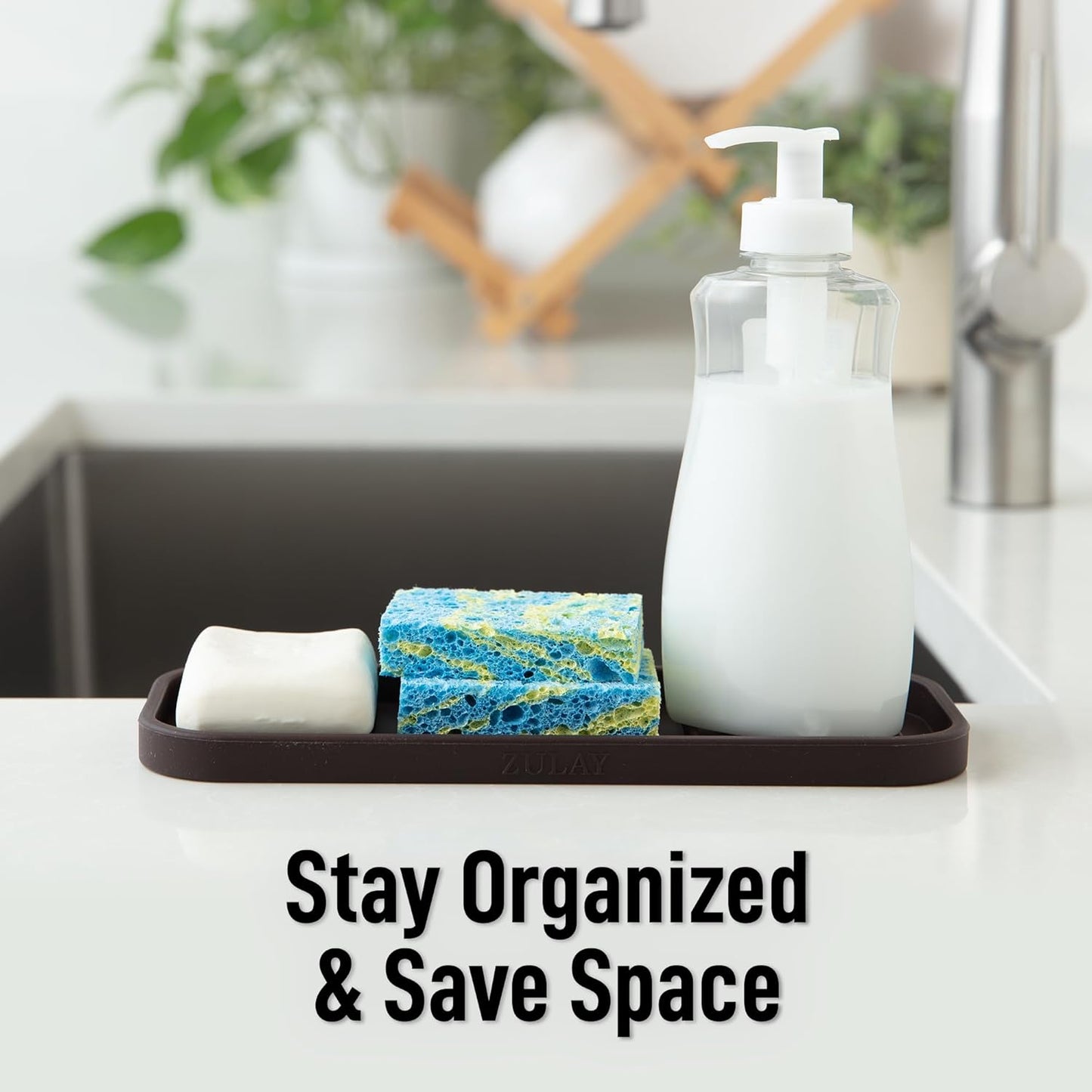 Zulay Kitchen (9x3.5 Silicone Sponge Holder for Kitchen Sink - Flexible Multipurpose Soap Tray Sponge Holder - Sink Organizer Tray for, Bathroom, Makeup, Trinkets & More (Chocolate)