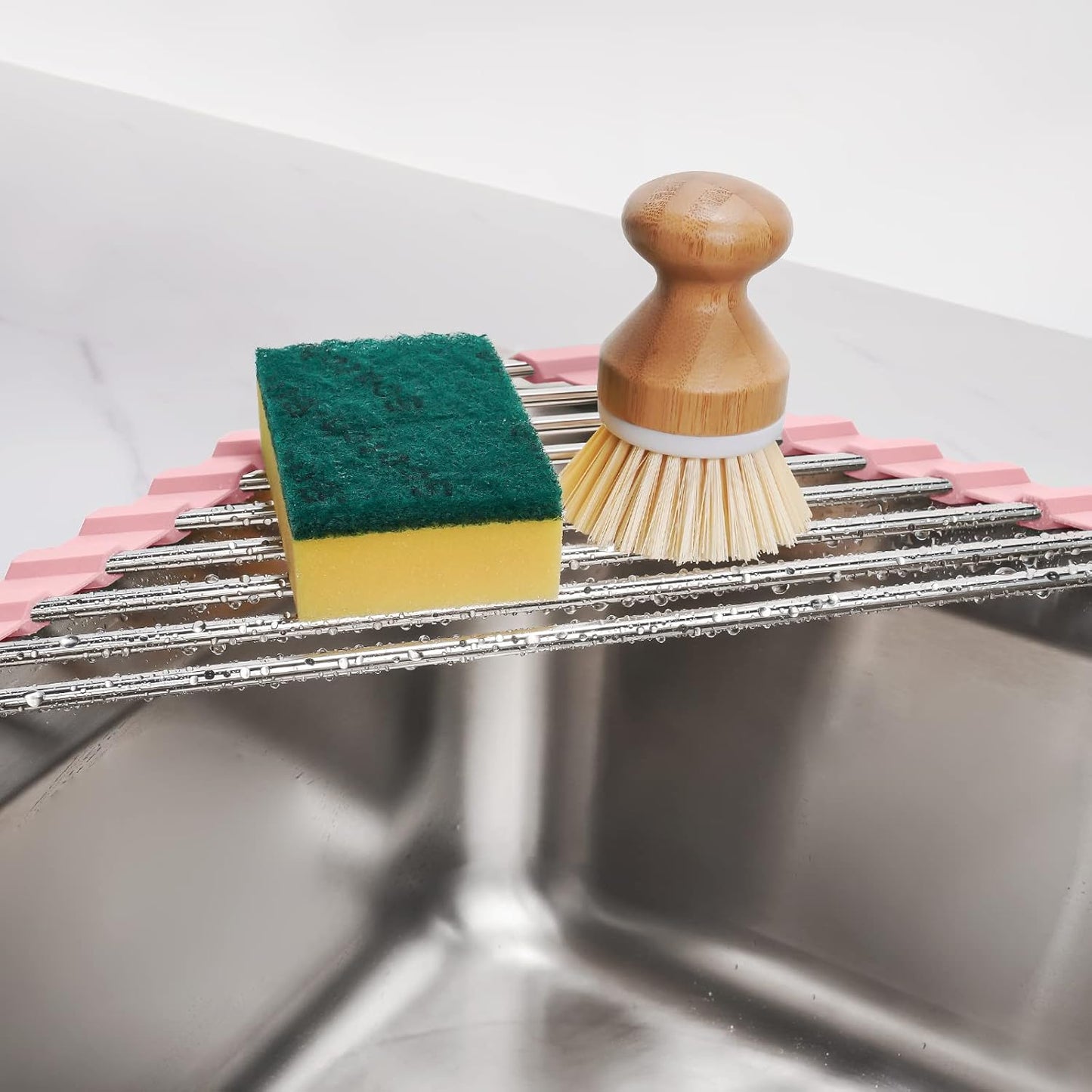 Tomorotec Triangle Foldable Dish Drying Rack, Small Roll-Up Stainless Steel Over Sink Drainer for Kitchen Sink Corner, Rustproof Multipurpose Organizer(Pink)