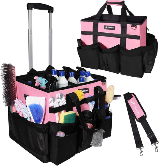 Large Rolling Cleaning Caddy Bag with Wheels, with Detachable Trolley, Cleaning Bags on Wheels for Housekeepers, Cleaning Cart Supplies Organizer for Home, Car, Picnic (Pink)