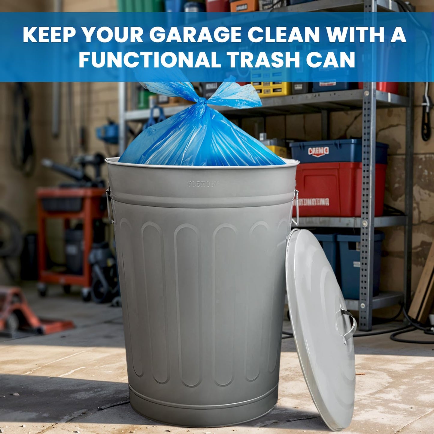 Plexon Round Trash Can 13 Gallon, Vintage Metal Outdoor Trash Can with Lid, Retro Farmhouse Garbage Container, Old School Modern Ash Bucket, Gray 3 Pack