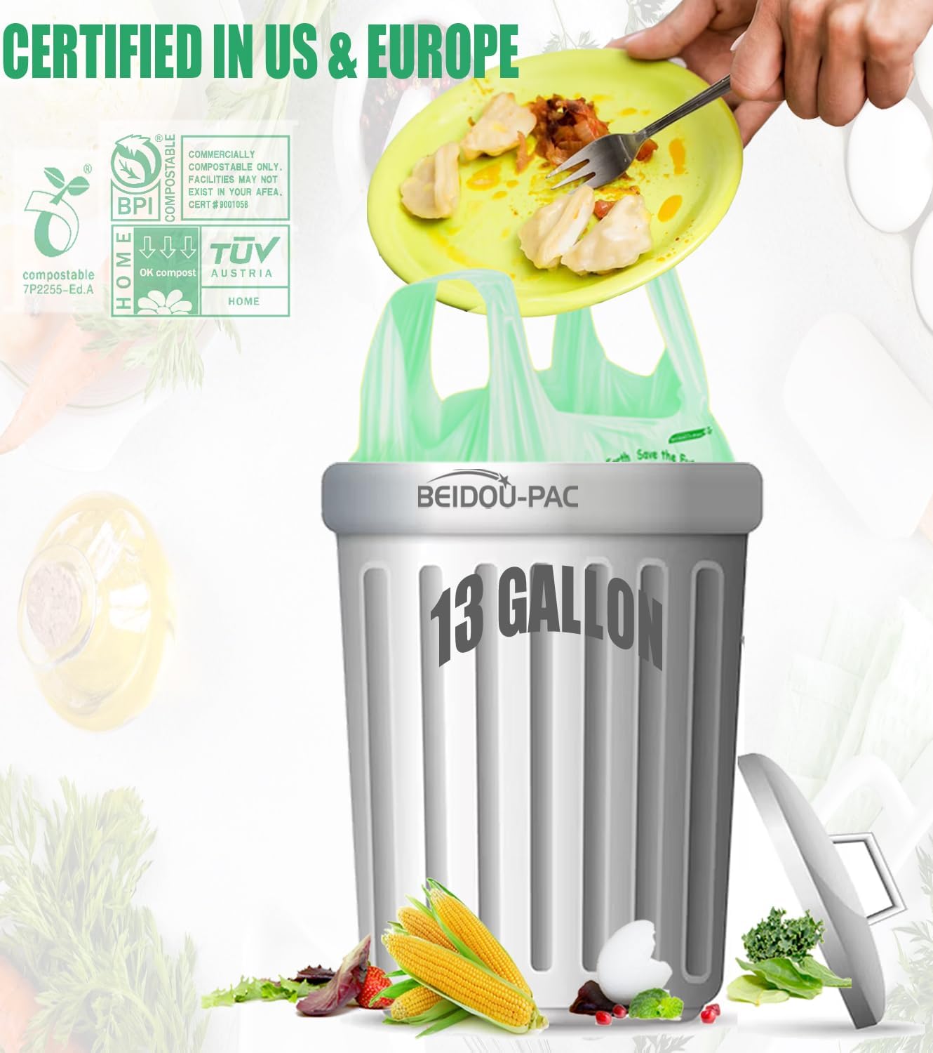 13 Gallon Compostable Trash Bags, 30 Count, Compost Bags Tall Kitchen Trash Bags with Handle, Sturdy Biodegradable Garbage Bags Food Scrap Waste Bags, ASTM D6400, US BPI Certified