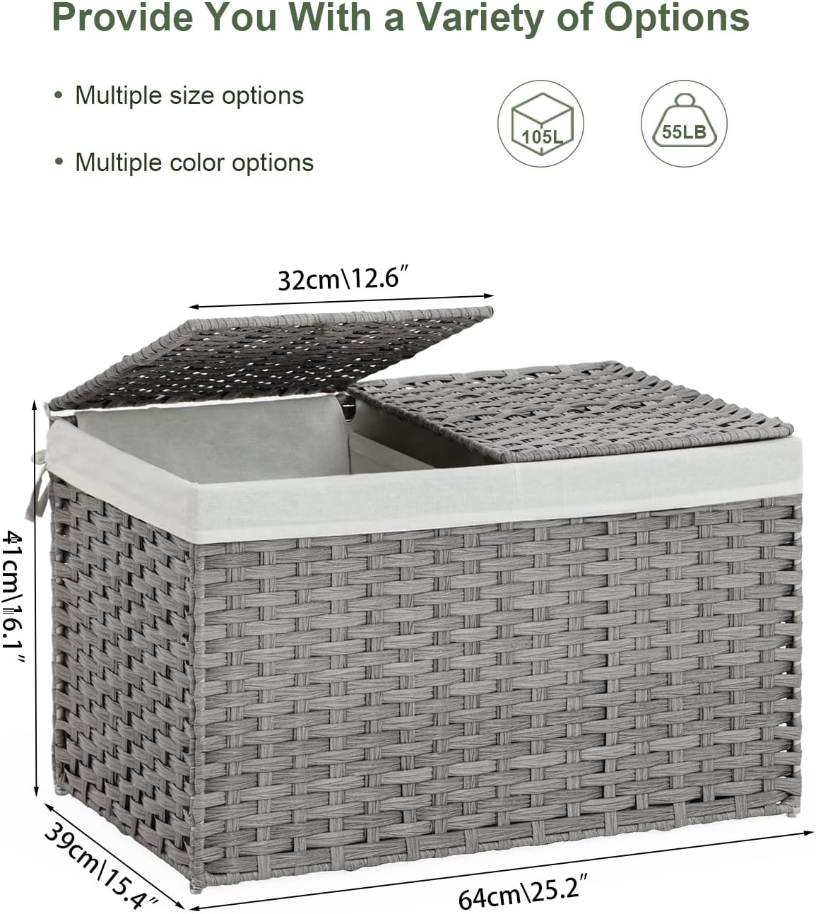 Storage Basket with Lid Rattan Storage Basket with 2 Separate Lid, 27.8 Gallon (105 L) 25.2 * 15.4 * 16.1 Inches Woven Wicker Baskets with 2 Liners and Handles for Bedroom Laundry-Gray