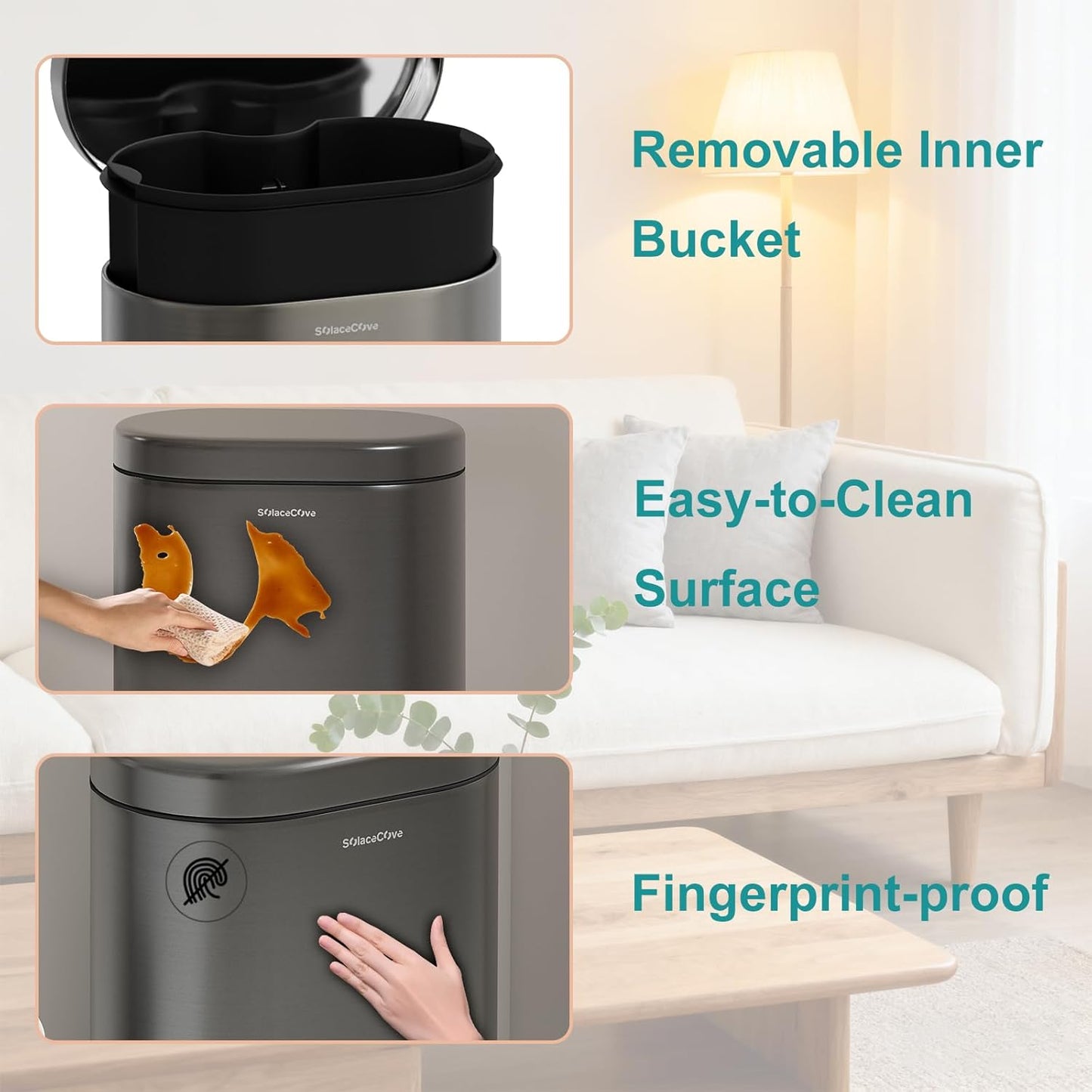 3.2 Gallon Small Bathroom Step Trash Can with Removable Inner Bucket,Round Stainless Steel Garbage Bin with Soft Close Lid for Bedroom(Volcanic Gray)