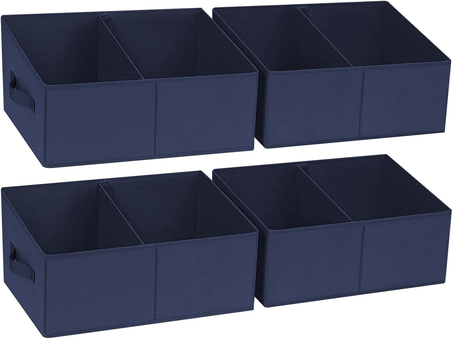 DIMJ Large Closet Shelf Organizer Bins 4 Packs with Handles and Divider, Fabric Trapezoid Storage Baskets, Foldable Clothes Containers Box for Shelf, Towel, Book, Toy, Purse, Hats, Navy Blue