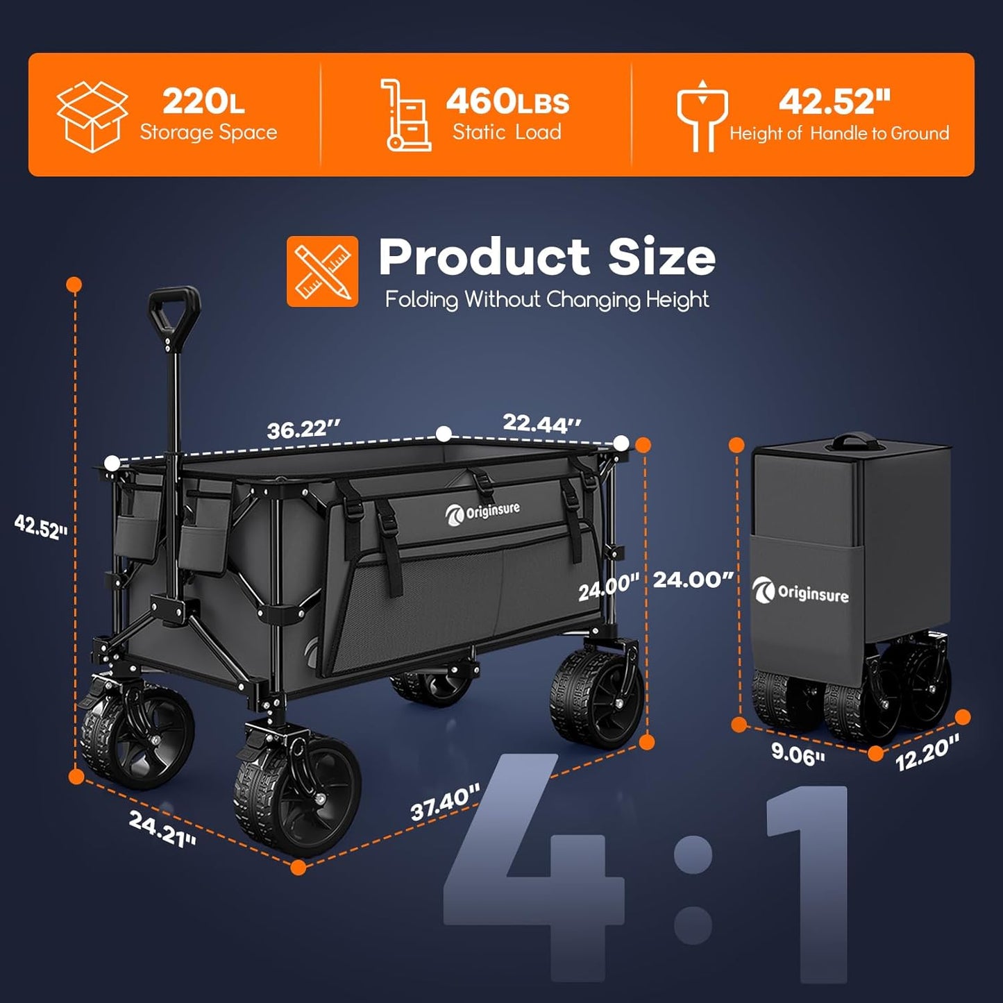 220L Collapsible Wagon Cart Foldable, 460lbs Load Capacity Heavy Duty Folding Beach Wagons with Big All-Terrain Wheels, Utility Carts for Groceries, Shopping, Camping, Sports - Grey