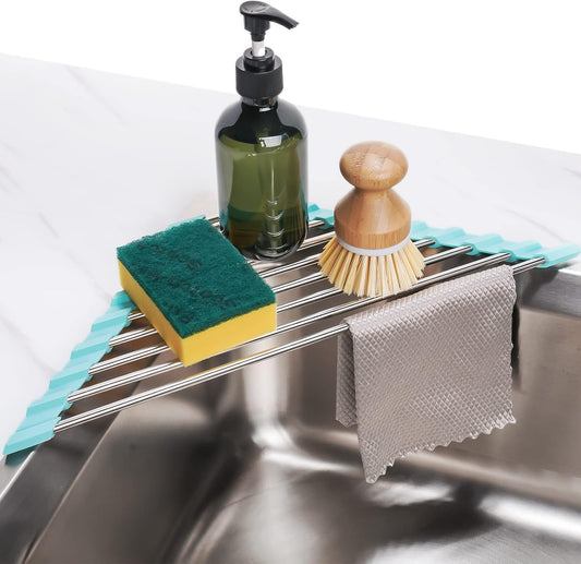 Tomorotec Green Triangle Roll-Up Dish Drying Rack for Sink Corner - Small, Foldable, Stainless Steel, Multipurpose Kitchen Drainer Caddy, Trivet, Rustproof Organizer, Storage Shelf