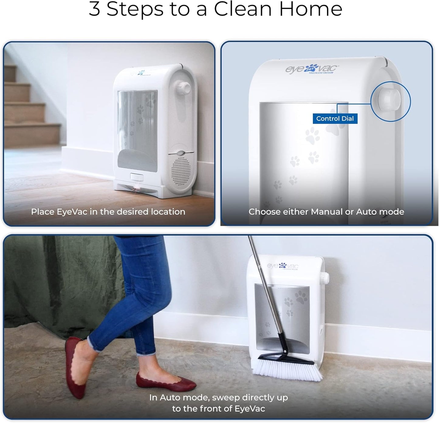 EyeVac Pet Touchless Vacuum Automatic Dustpan - Ultra Fast & Powerful - Great for Sweeping Cat Dog Pet Hair Food Dirt Kitchen, Corded Canister Vacuum, Bagless, Automatic Sensors, 1400 Watt (Black)