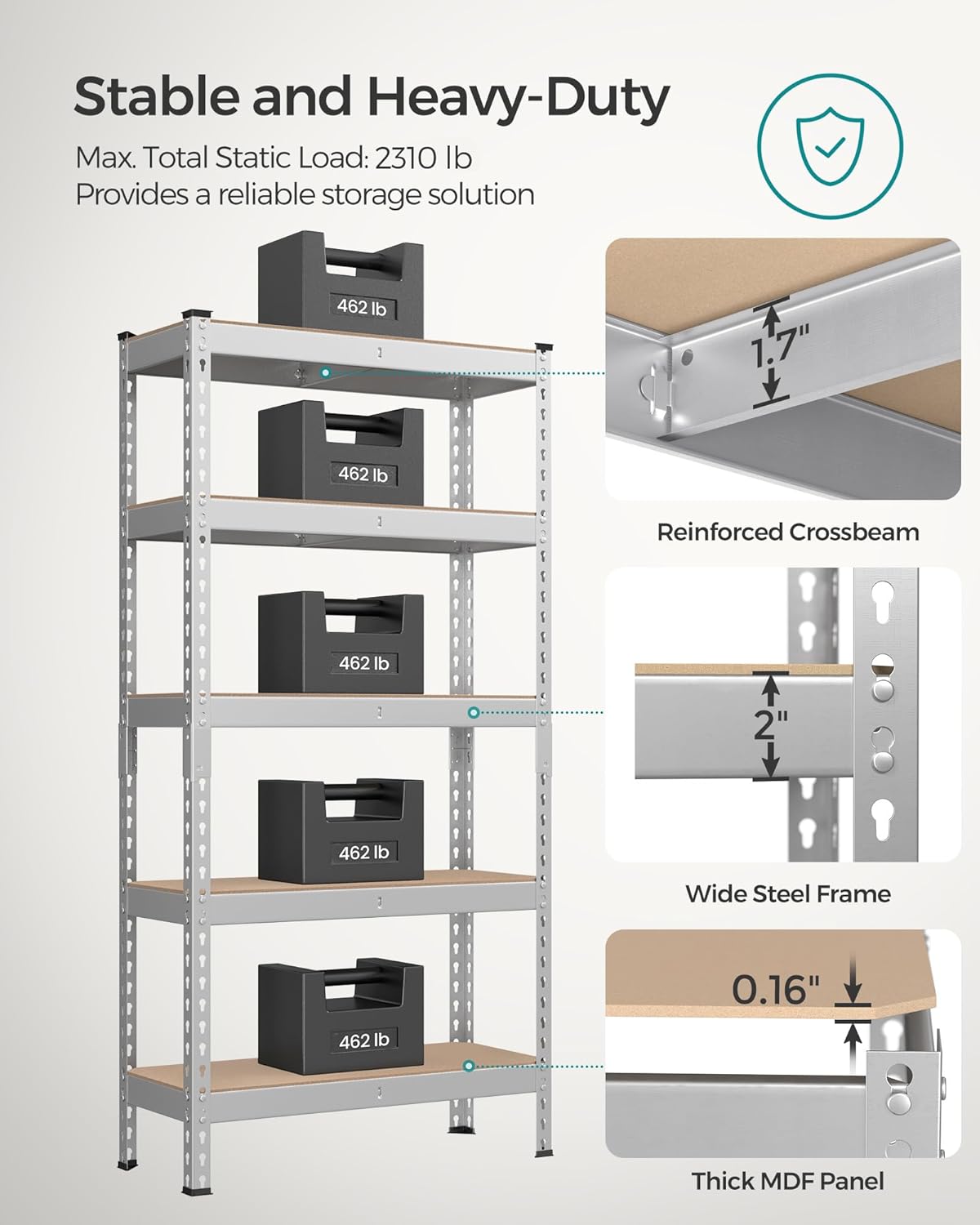 SONGMICS 5-Tier Storage Shelves, Load 2310 lb, Set of 2 Garage Storage, Boltless Assembly, Adjustable Shelving Unit, 11.8 x 29.5 x 59.1 Inches, for Study Shed Basement, Silver UGLR300E02