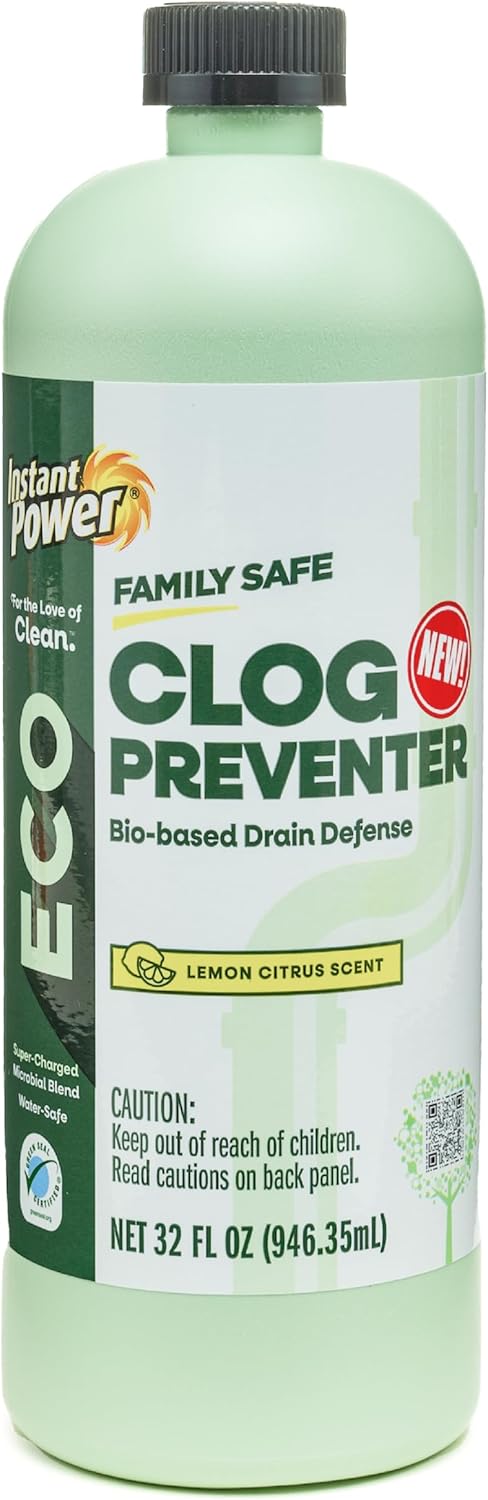 Instant Power Eco Clog Preventer - Enzyme Drain Cleaner Liquid and Deodorizer for Sink, Shower, Toilet, Garbage Disposal Cleaner, Bio-Based Drain Defense, Smell Remover and Odor Eliminator - 32 fl oz