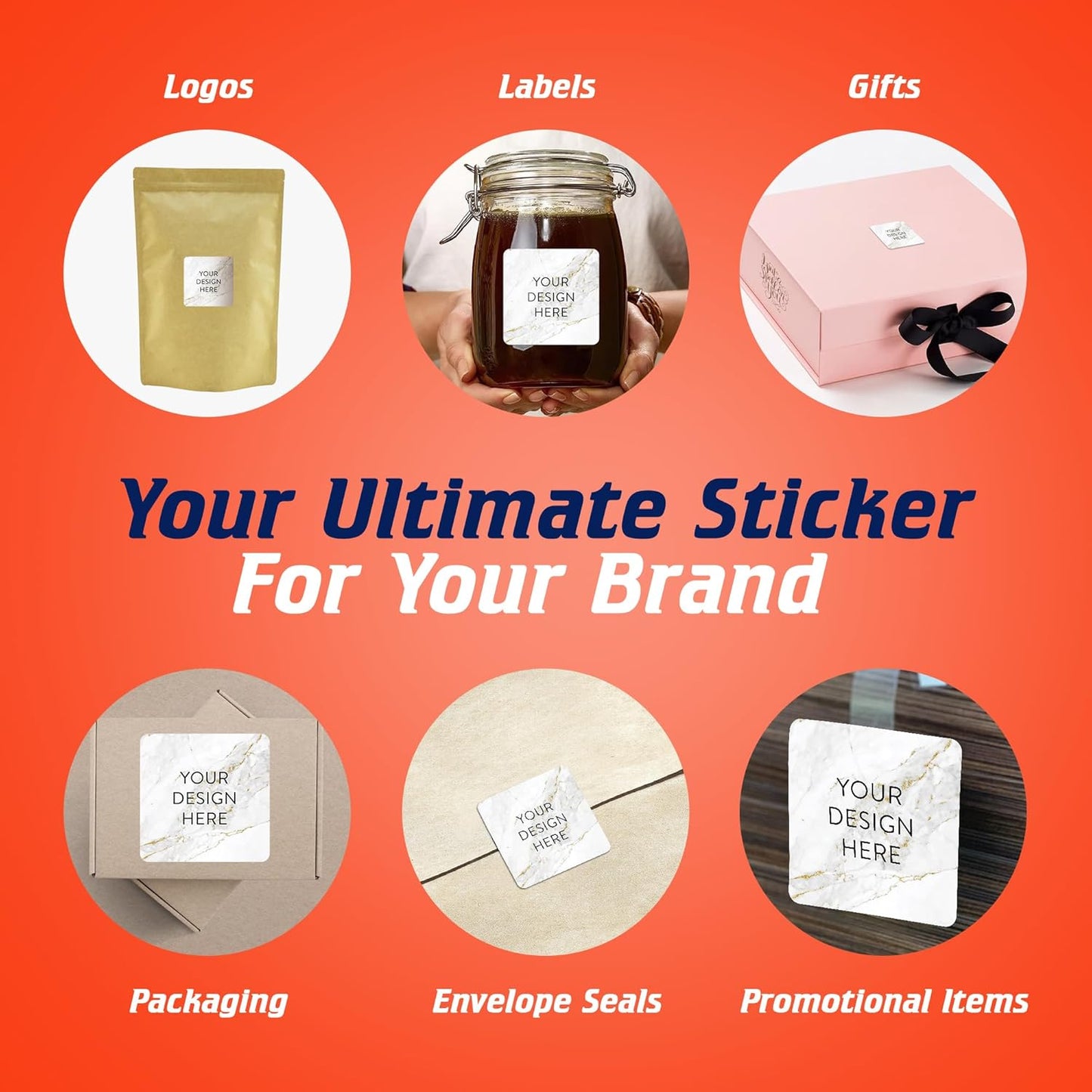 100 Custom Vinyl Stickers - Upload Your own Image, Text, Design, Logo - Personalized Logo Labels for Handmade, Packaging, Bottle, Jars, Candle, Brand Stickers (Gold Marble, 1.5x1.5 Square)
