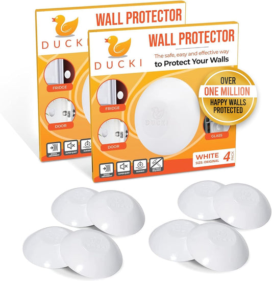 Ducki Door Stop Wall Protector | Self Adhesive Door Knob Wall Protectors from Door Knobs | Rubber Door Stoppers for Wall Damage & Noise | Durable, Shock Absorbent & Discreet | 8 Pack White Door Stops
