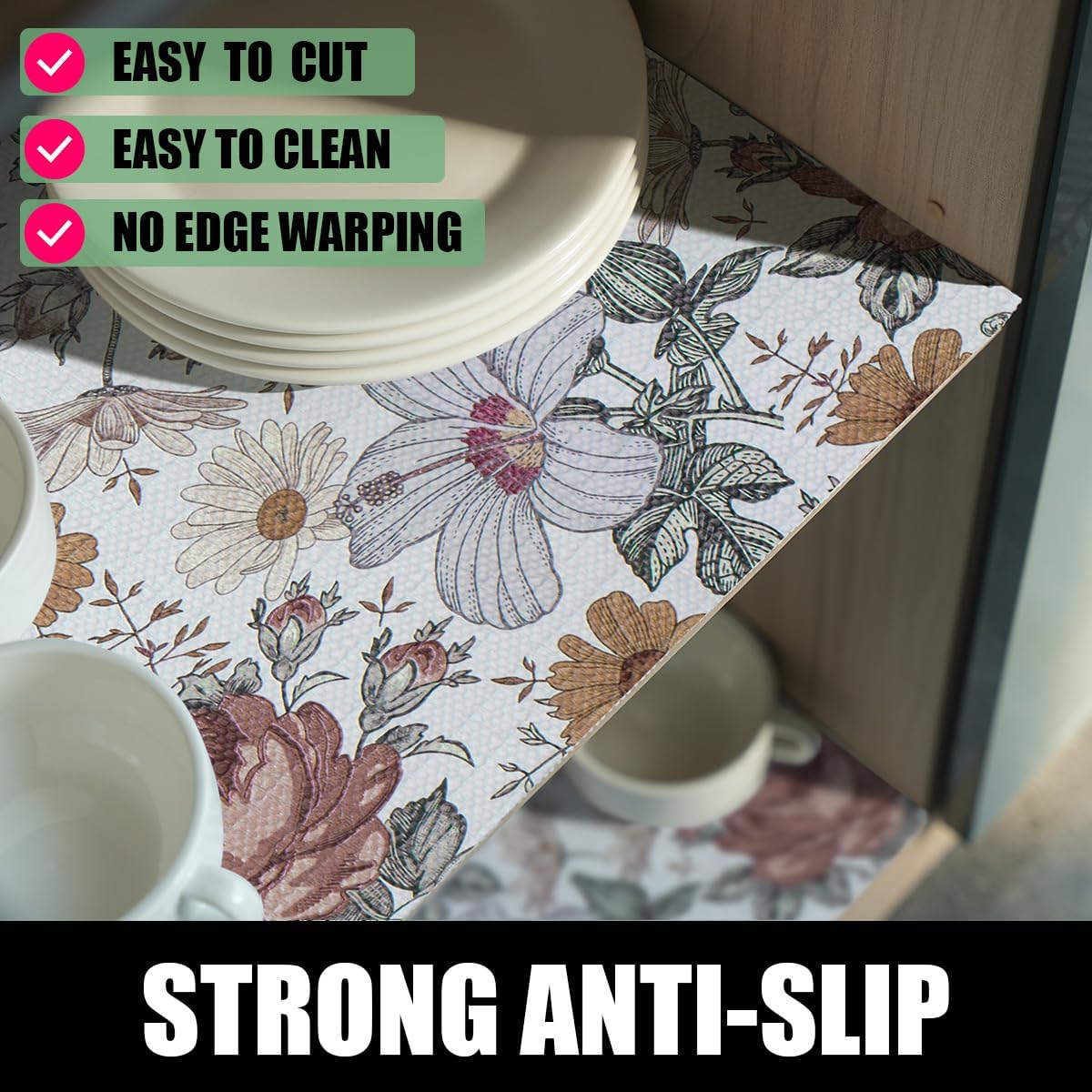 Floral Drawer Shelf Liners, Non Adhesive and Strong Non-Slip Cabinet Drawer Shelf Liners for Kitchen Wire Fridge, Waterproof Shelf Liner,Easy to Clean,12IN x 10FT