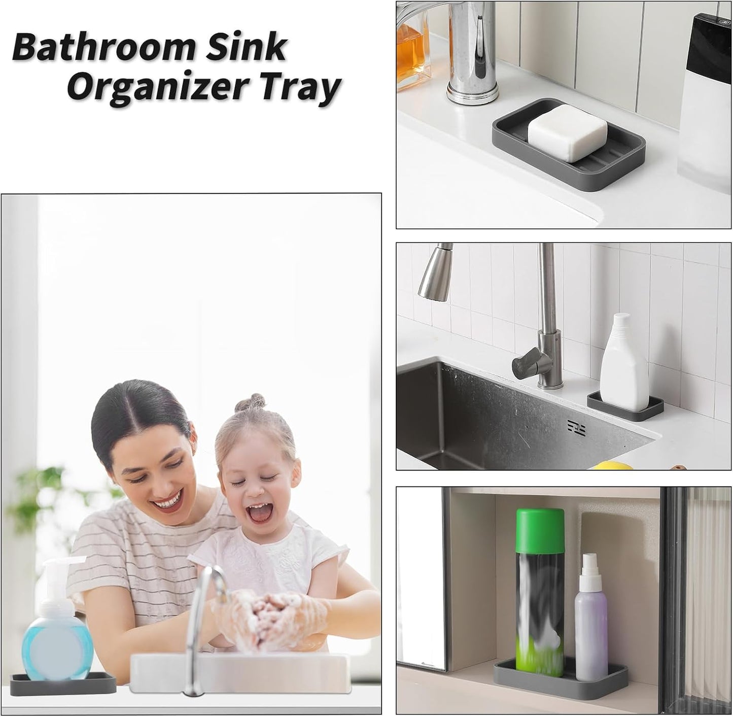 Silicone Kitchen Sink Organizer Tray for Multiple Usage,Easy Clean Sponges Holder for Kitchen Bathroom Counter or Sink,Dish Soap Dispenser,Scrubber,Bottle,Cup Grey 4.9”x 3.2”